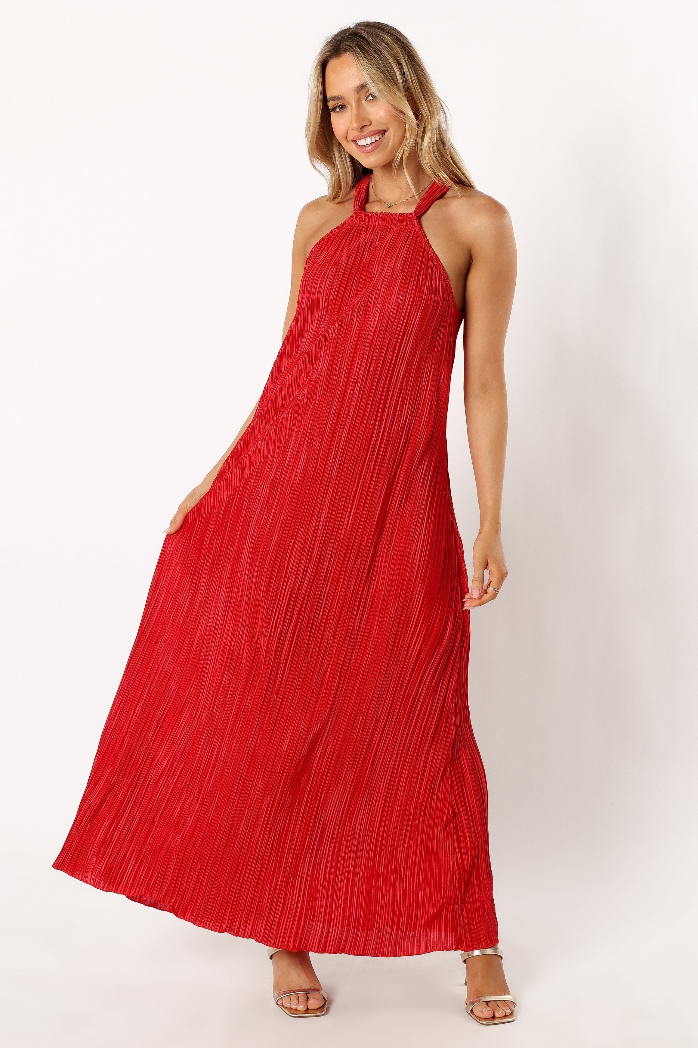 Red Plisse Halter Maxi Dress - Elegant Sleeveless Midi Dress
