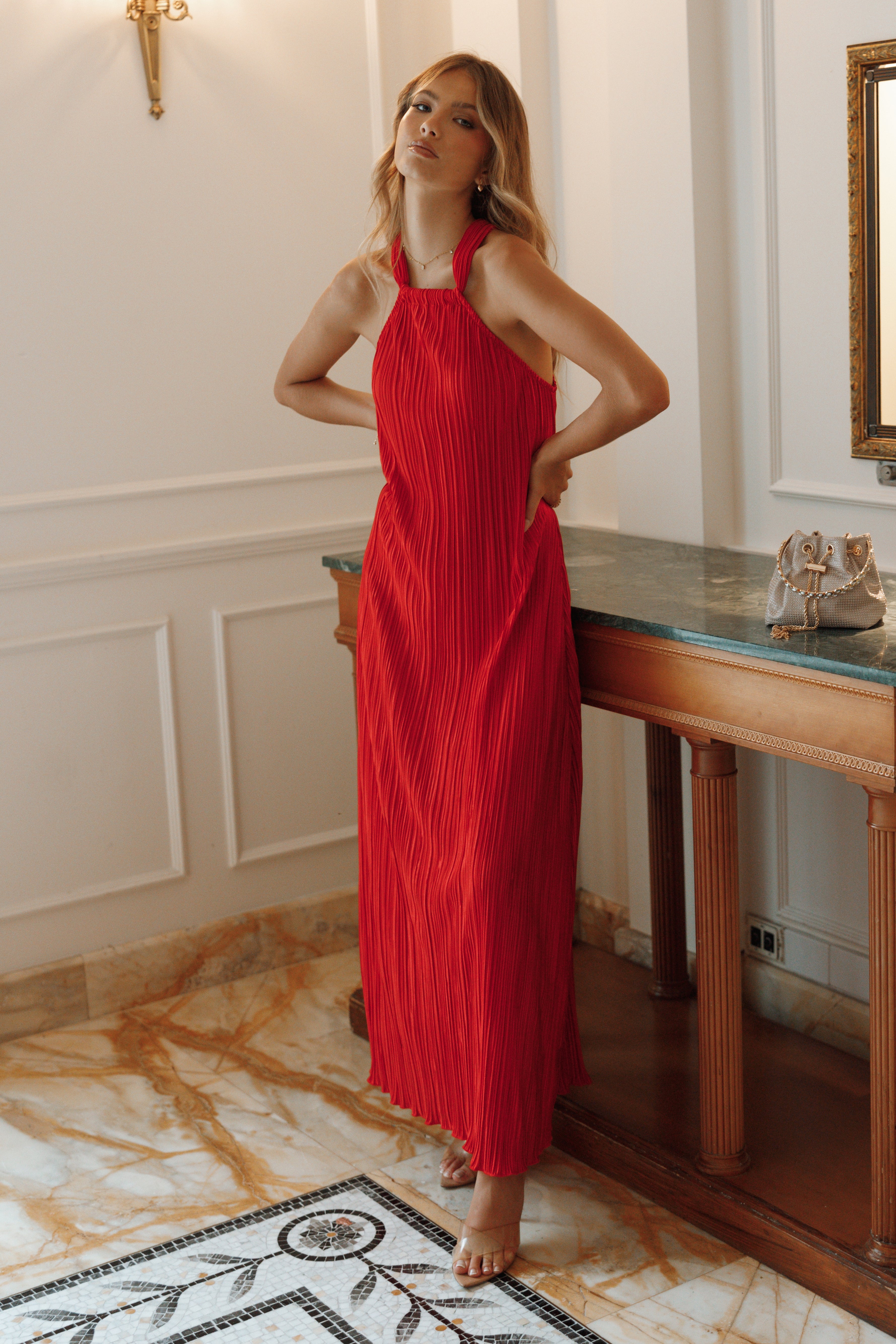 Red Plisse Halter Maxi Dress - Elegant Sleeveless Midi Dress