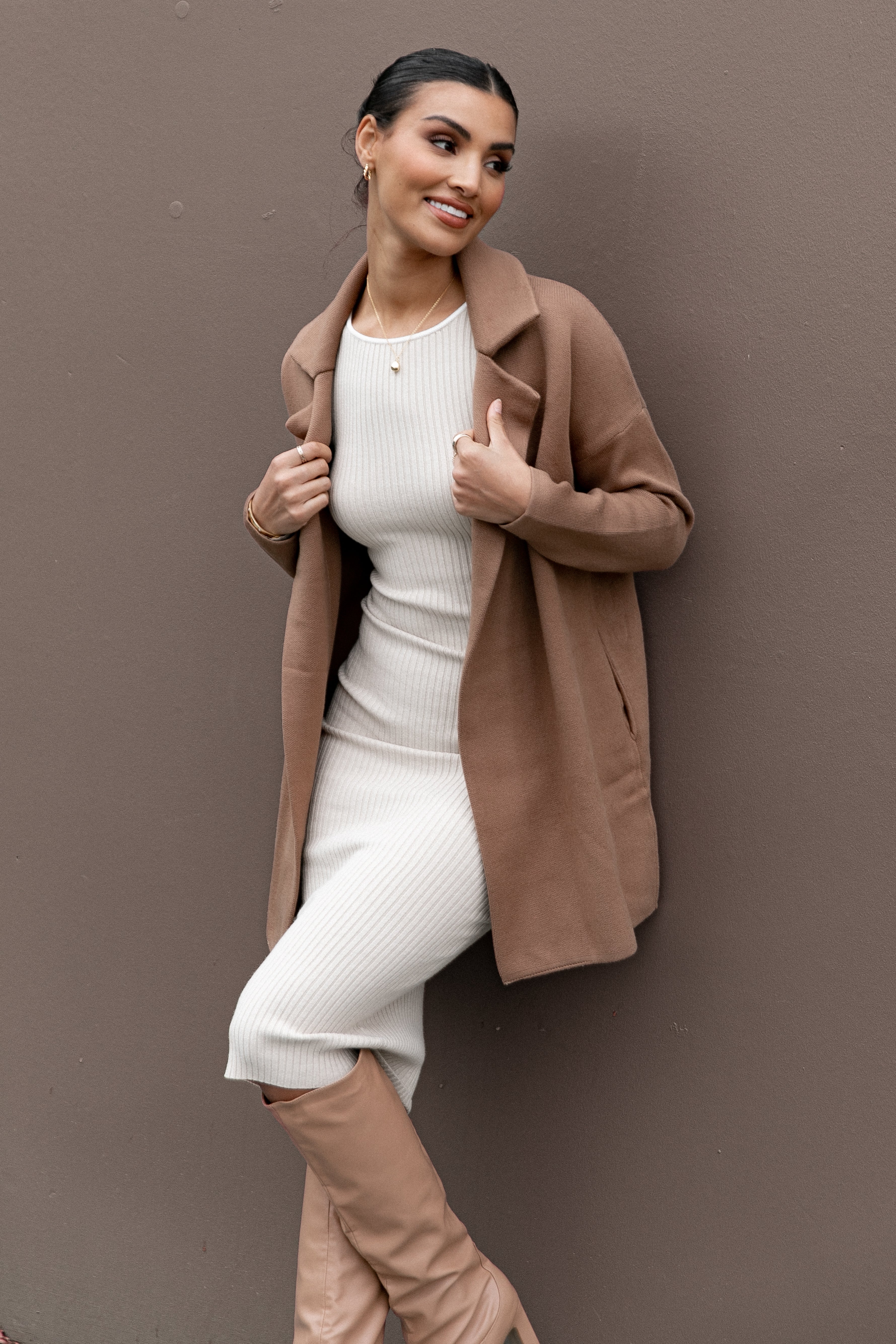 Lenore Knit Coatigan - Brown Long Sleeve Collared Cardigan