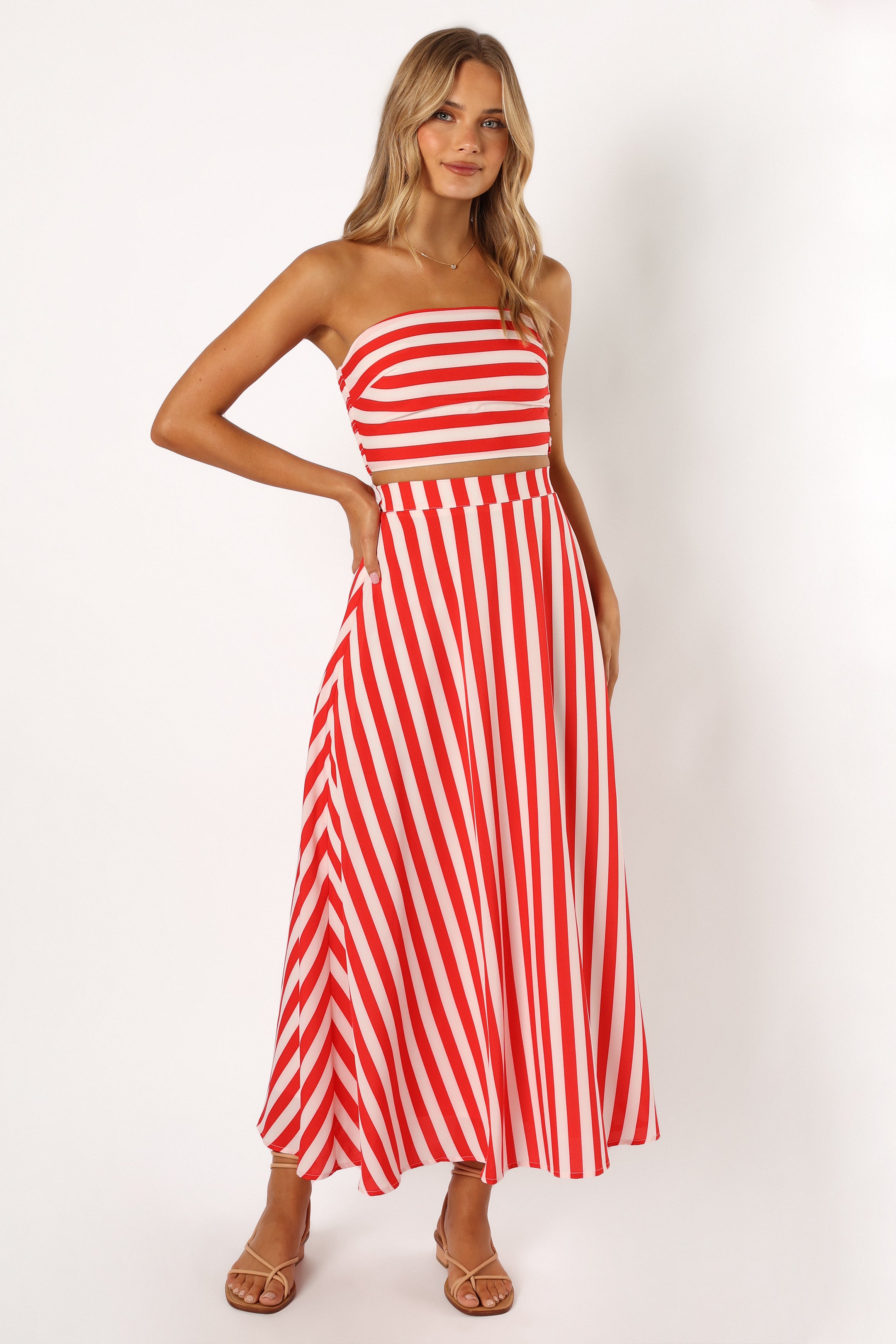 Red & White Striped Strapless Crop Top and Maxi Skirt Set - Elijah