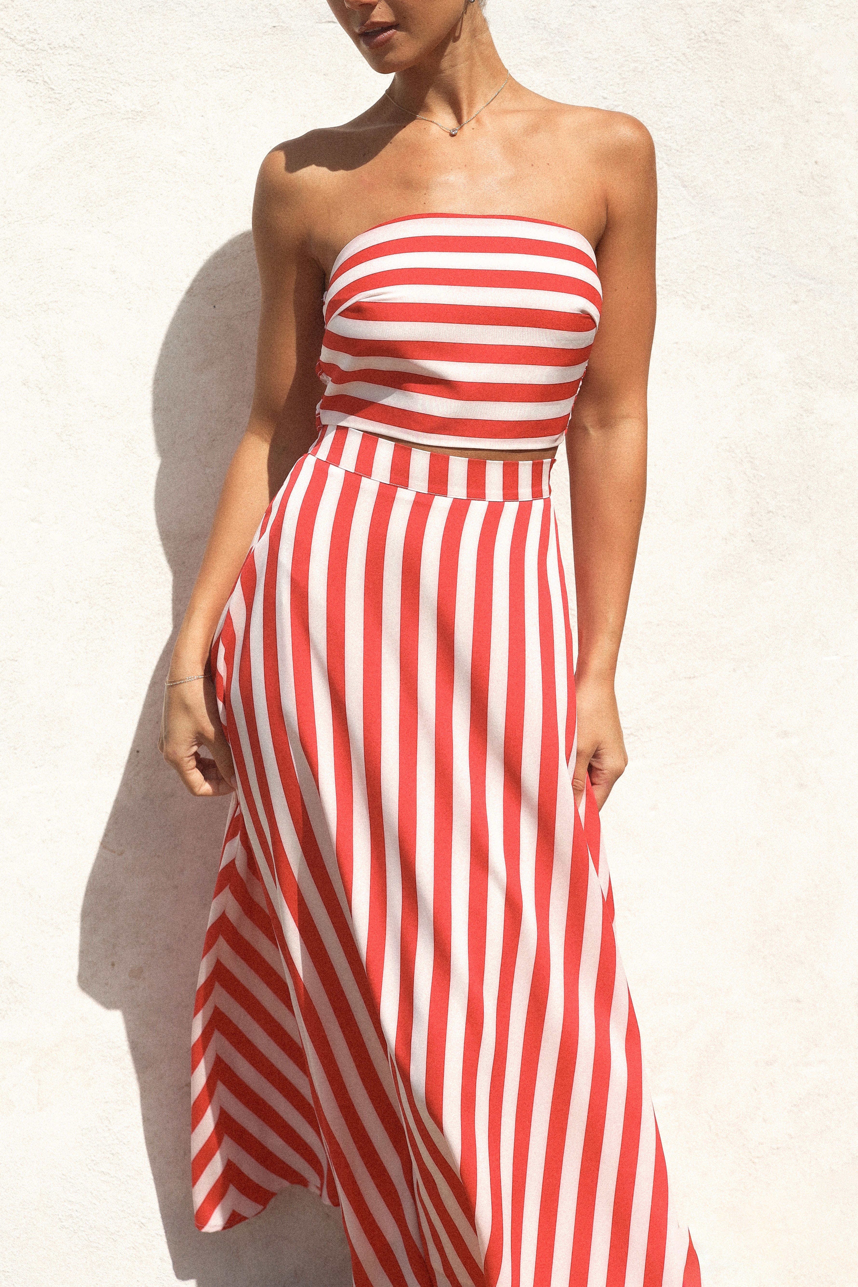 Red & White Striped Strapless Crop Top and Maxi Skirt Set - Elijah