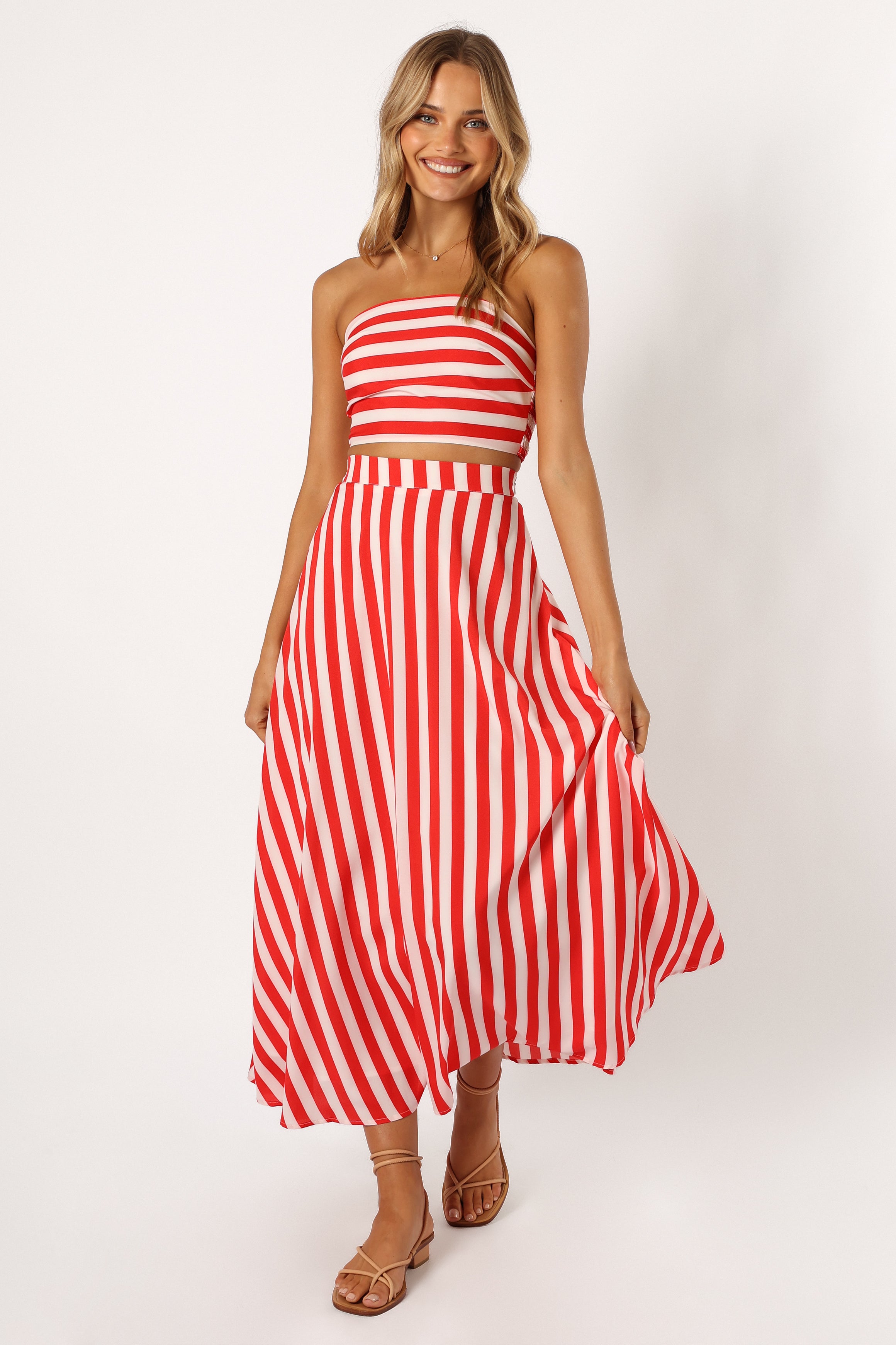 Red & White Striped Strapless Crop Top and Maxi Skirt Set - Elijah