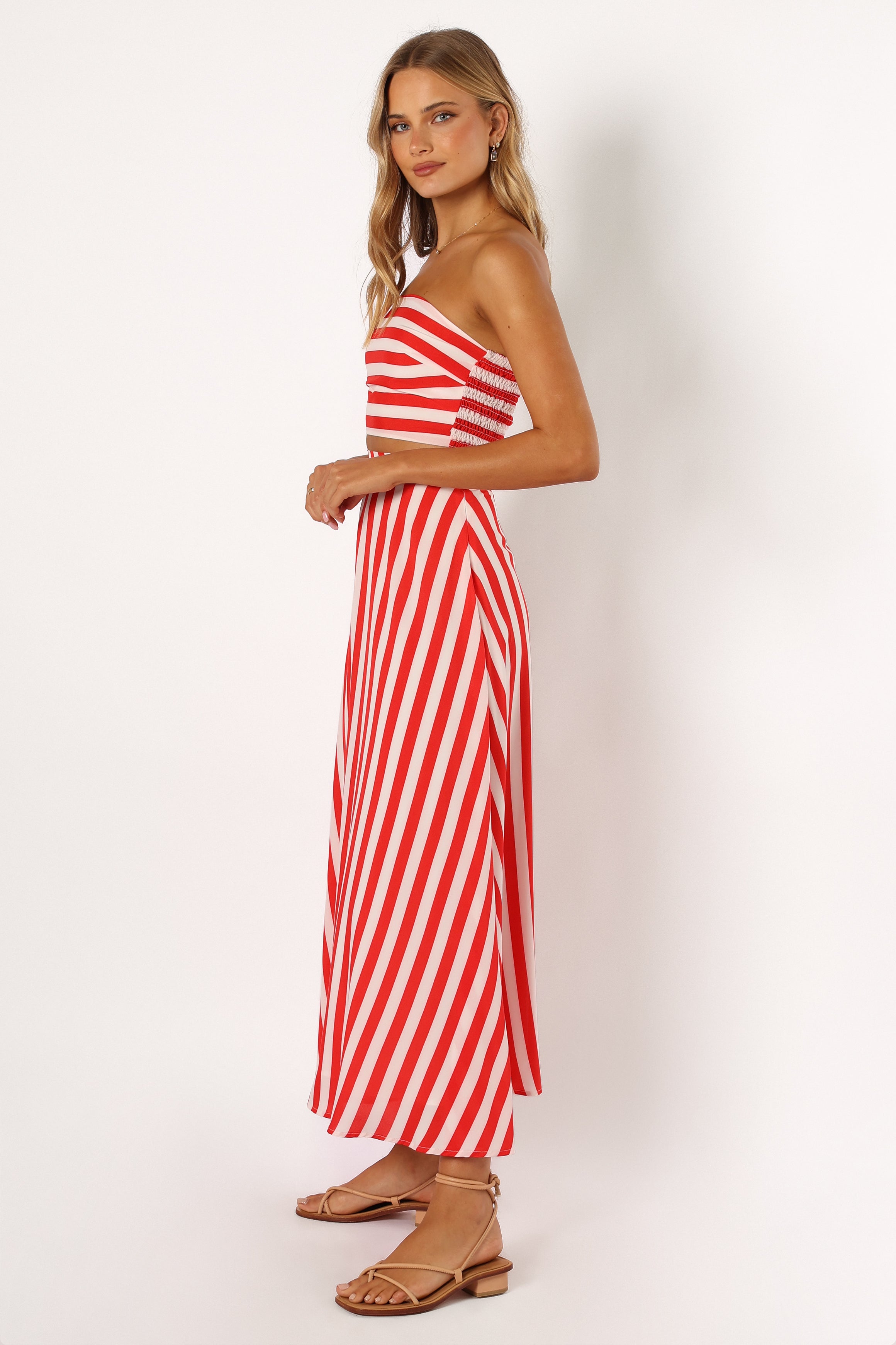 Red & White Striped Strapless Crop Top and Maxi Skirt Set - Elijah