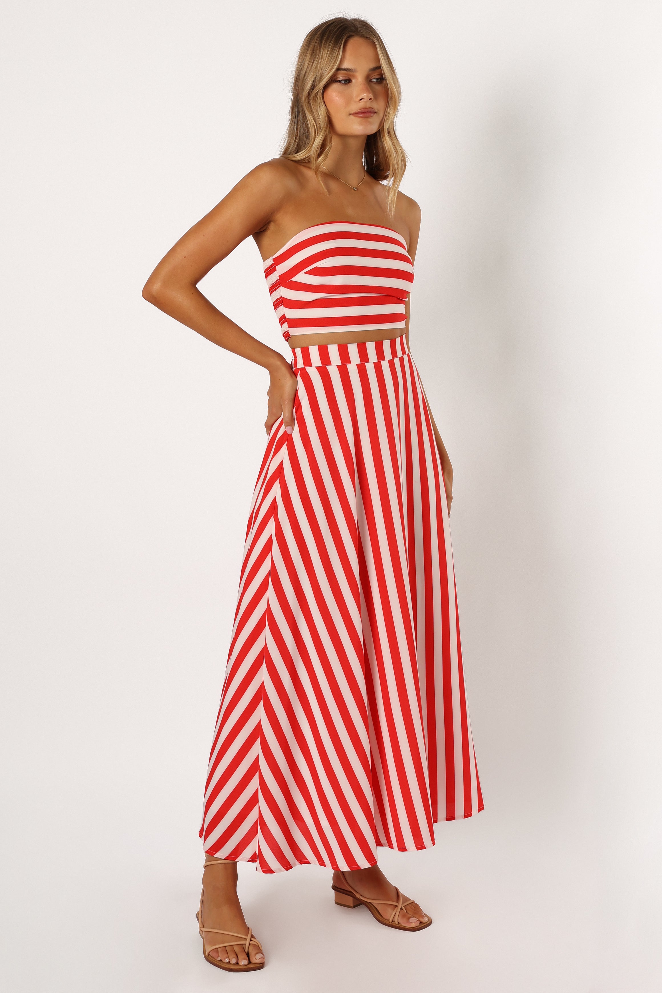 Red & White Striped Strapless Crop Top and Maxi Skirt Set - Elijah