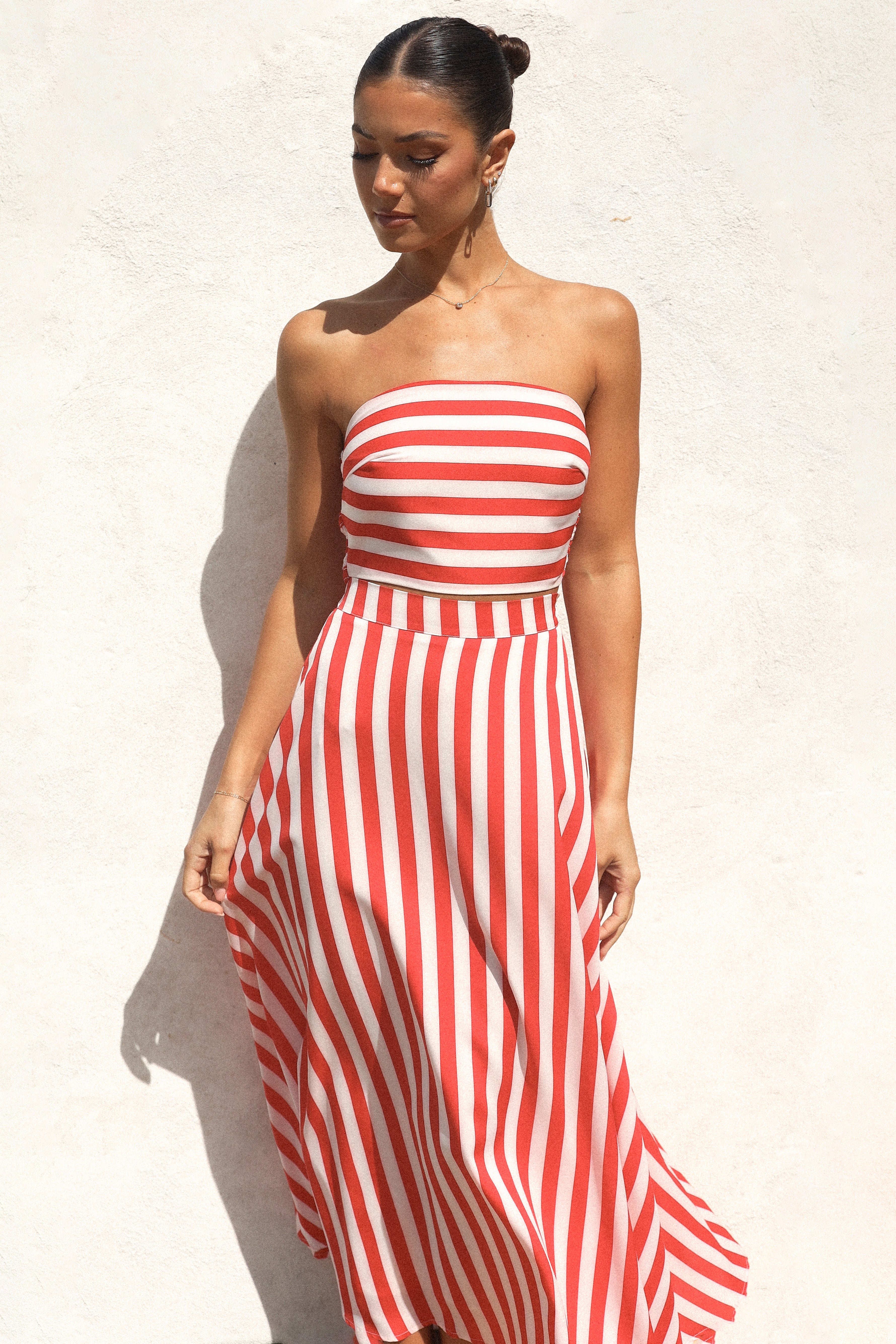 Red & White Striped Strapless Crop Top and Maxi Skirt Set - Elijah