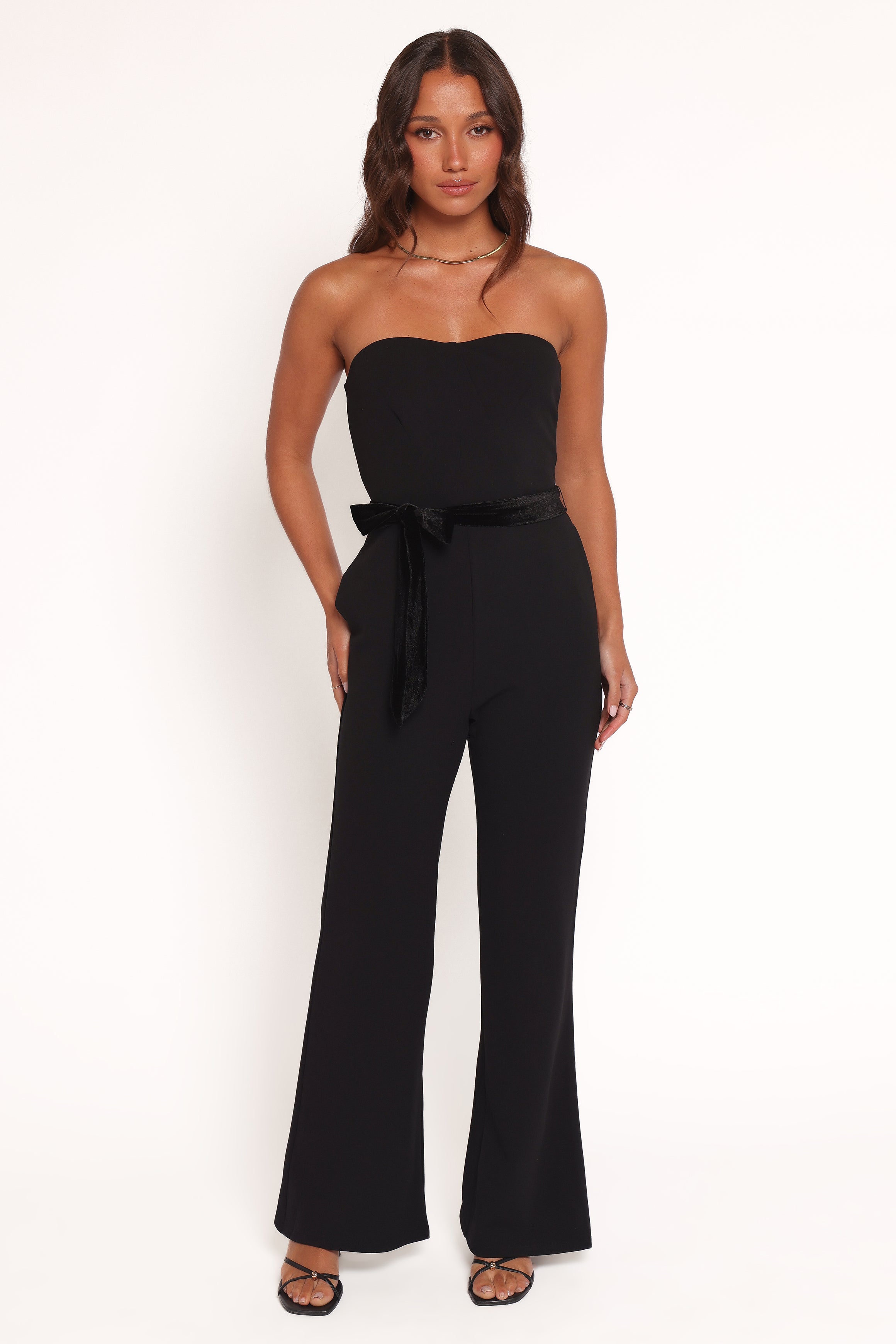 Black Strapless Jumpsuit for Women - Cameron Velvet Waist Tie