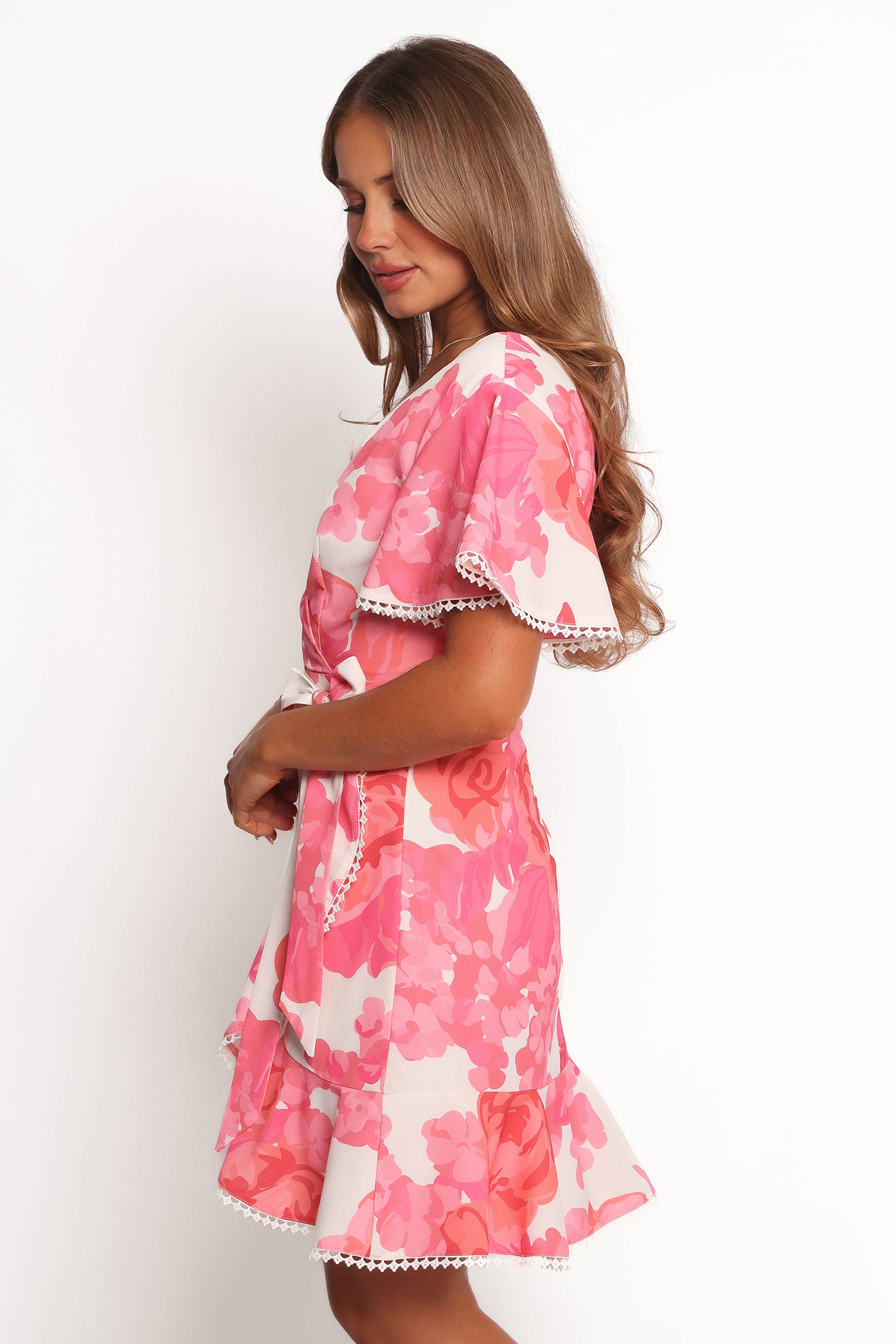 Pink Floral Jem Mini Dress with Lace Trim & Detachable Tie