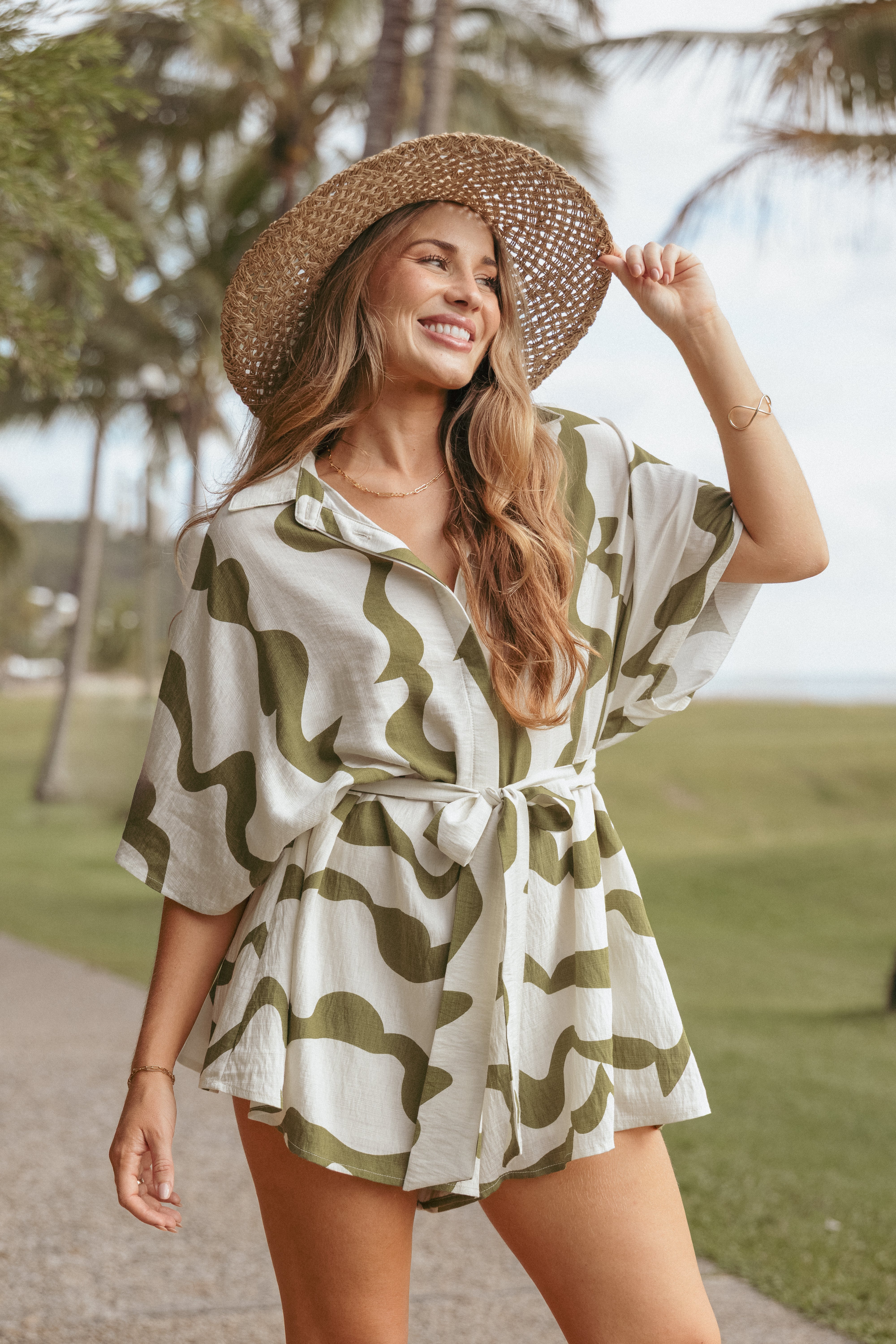 Sheily Green Tie Waist Romper with V Neck & Short Sleeves