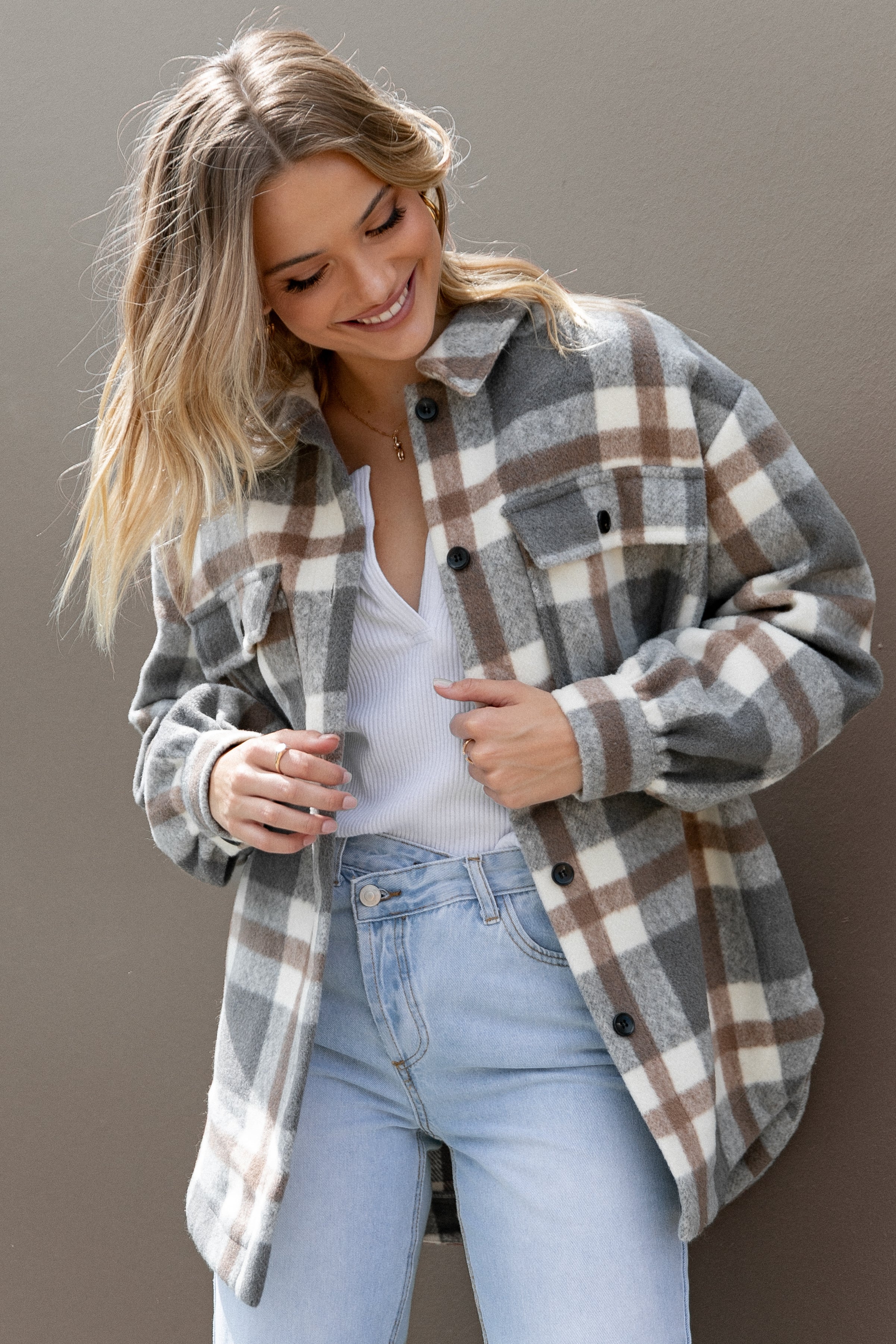 Alex Grey Check Double-Breasted Shacket with Pockets