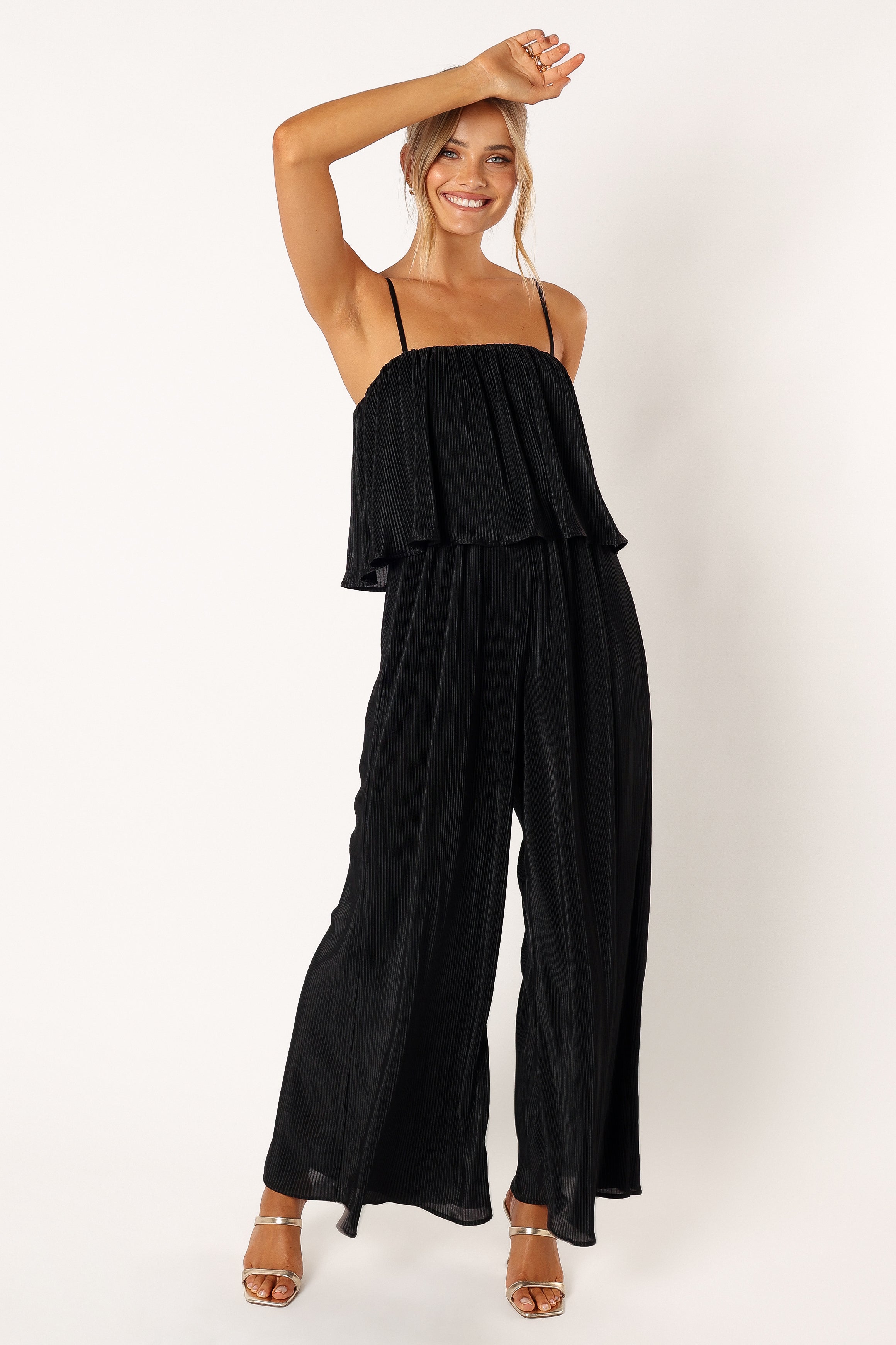 Jillian Plisse Jumpsuit for Women - Black Elastic Waist Adjustable Straps