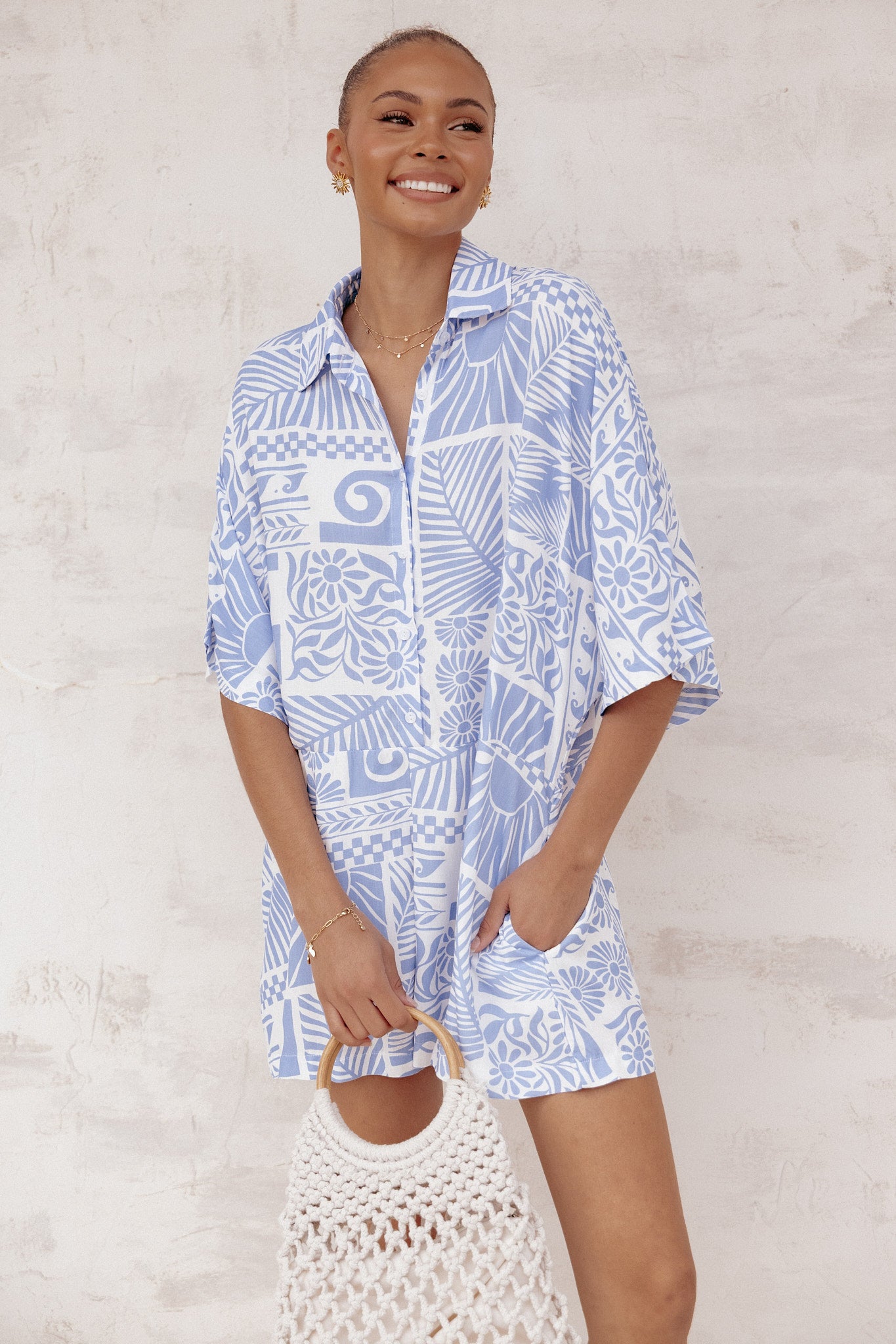 Ellisa Blue Floral Romper - V-Neck Short Sleeve Summer Outfit