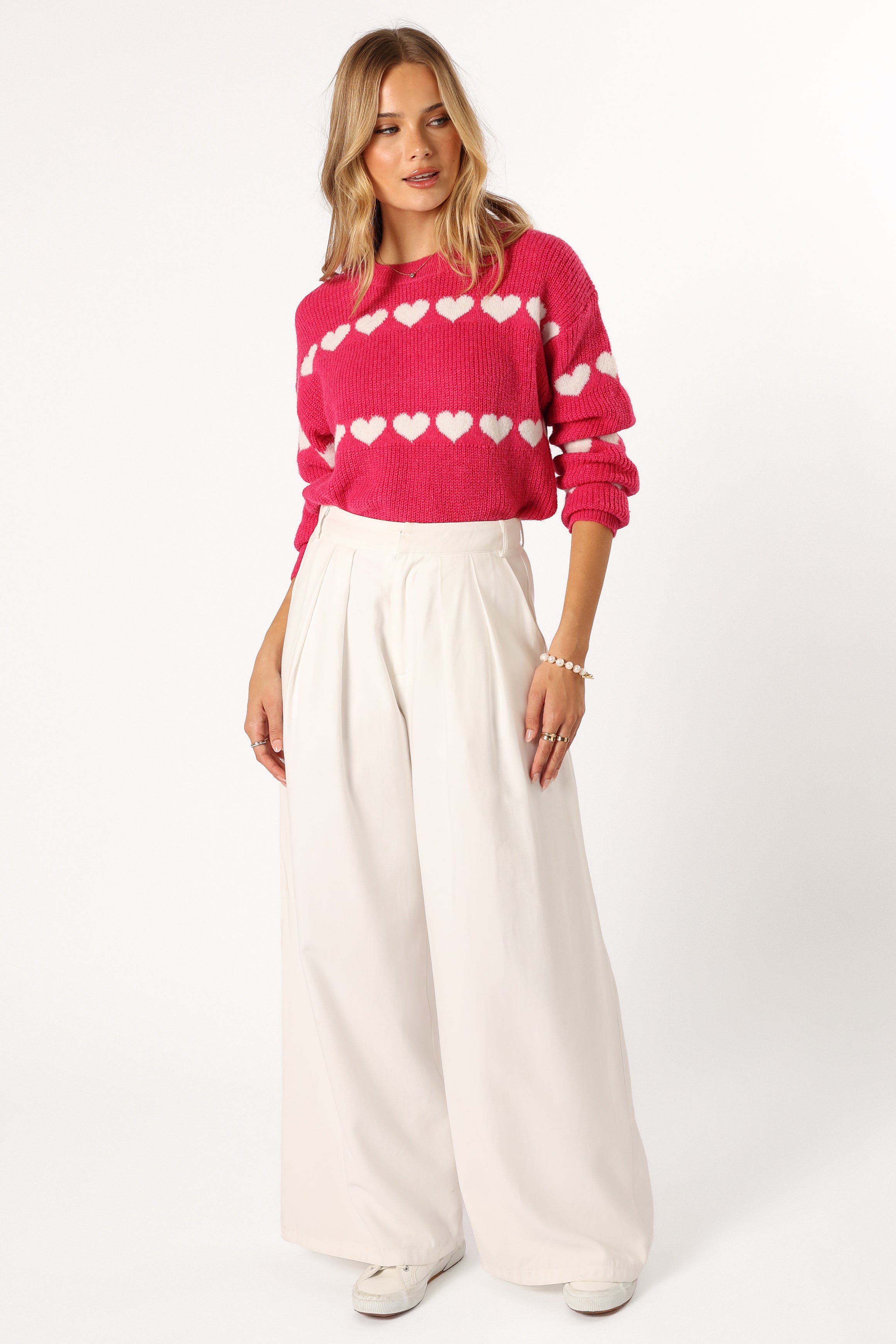 Women's Fuchsia White Heart Stripe Knit Sweater - Dakotah Cozy Pullover