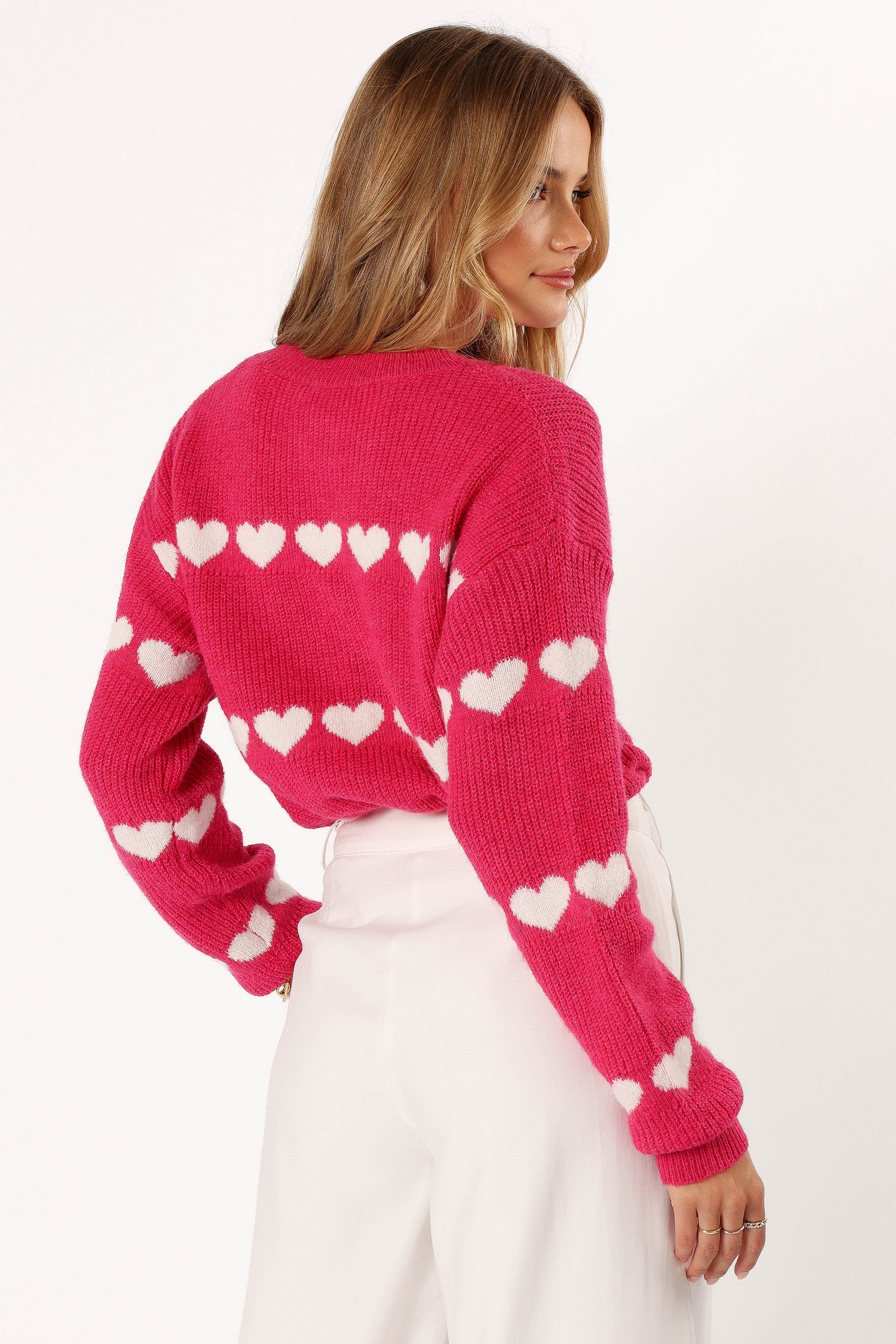Women's Fuchsia White Heart Stripe Knit Sweater - Dakotah Cozy Pullover