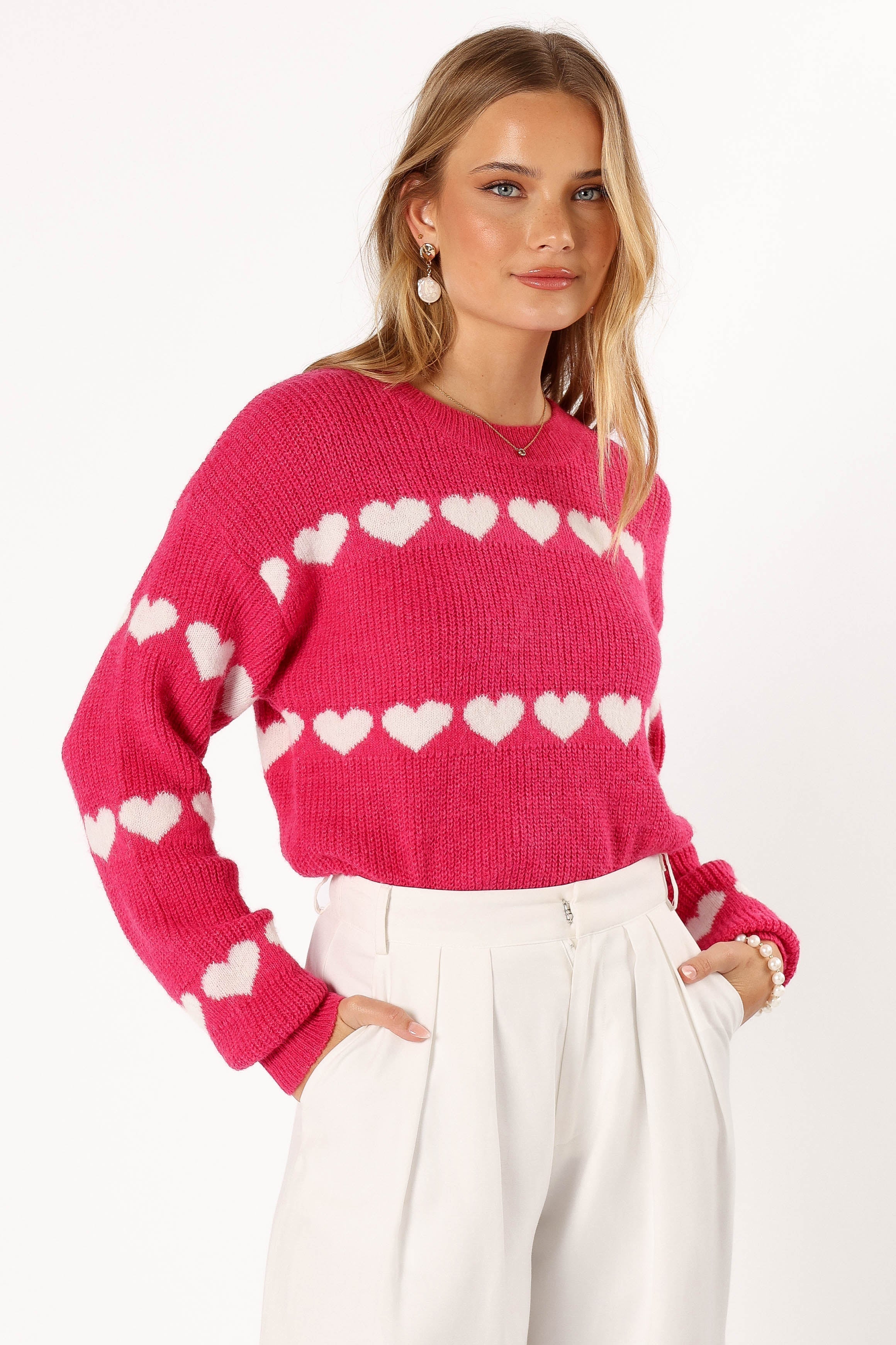 Women's Fuchsia White Heart Stripe Knit Sweater - Dakotah Cozy Pullover