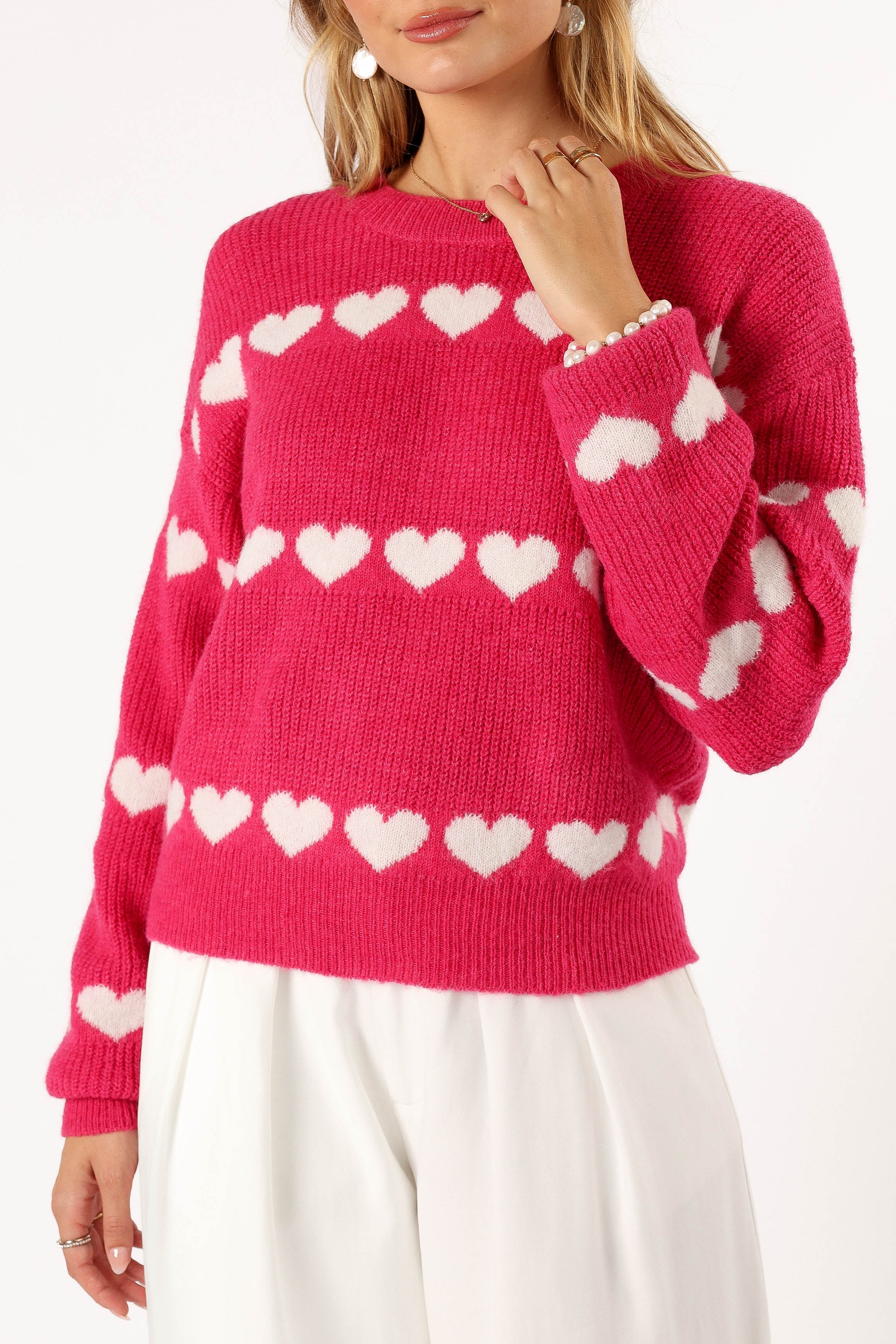 Women's Fuchsia White Heart Stripe Knit Sweater - Dakotah Cozy Pullover