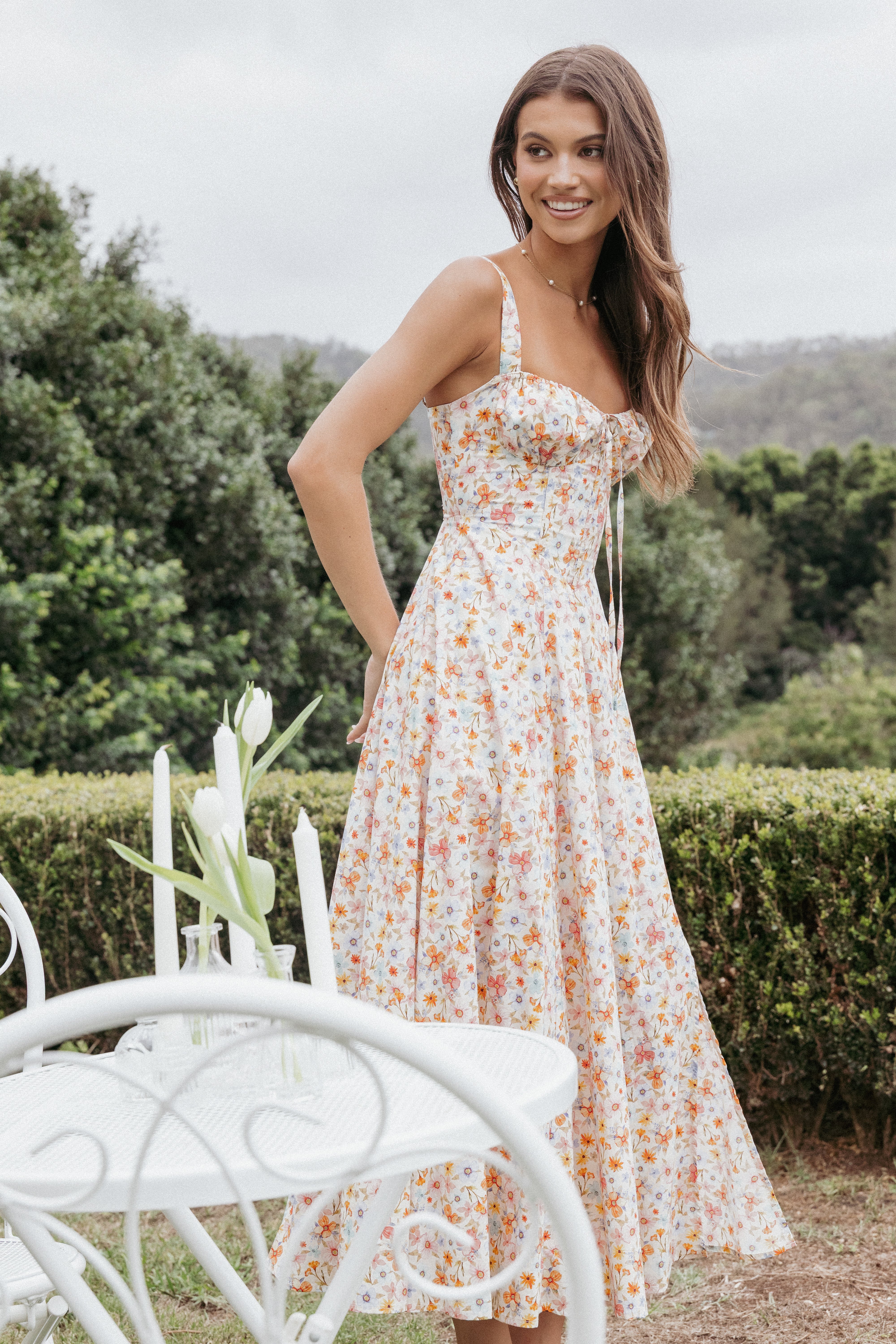 Orange Floral Wisteria Midi Dress with Corset Back & A-Line Skirt