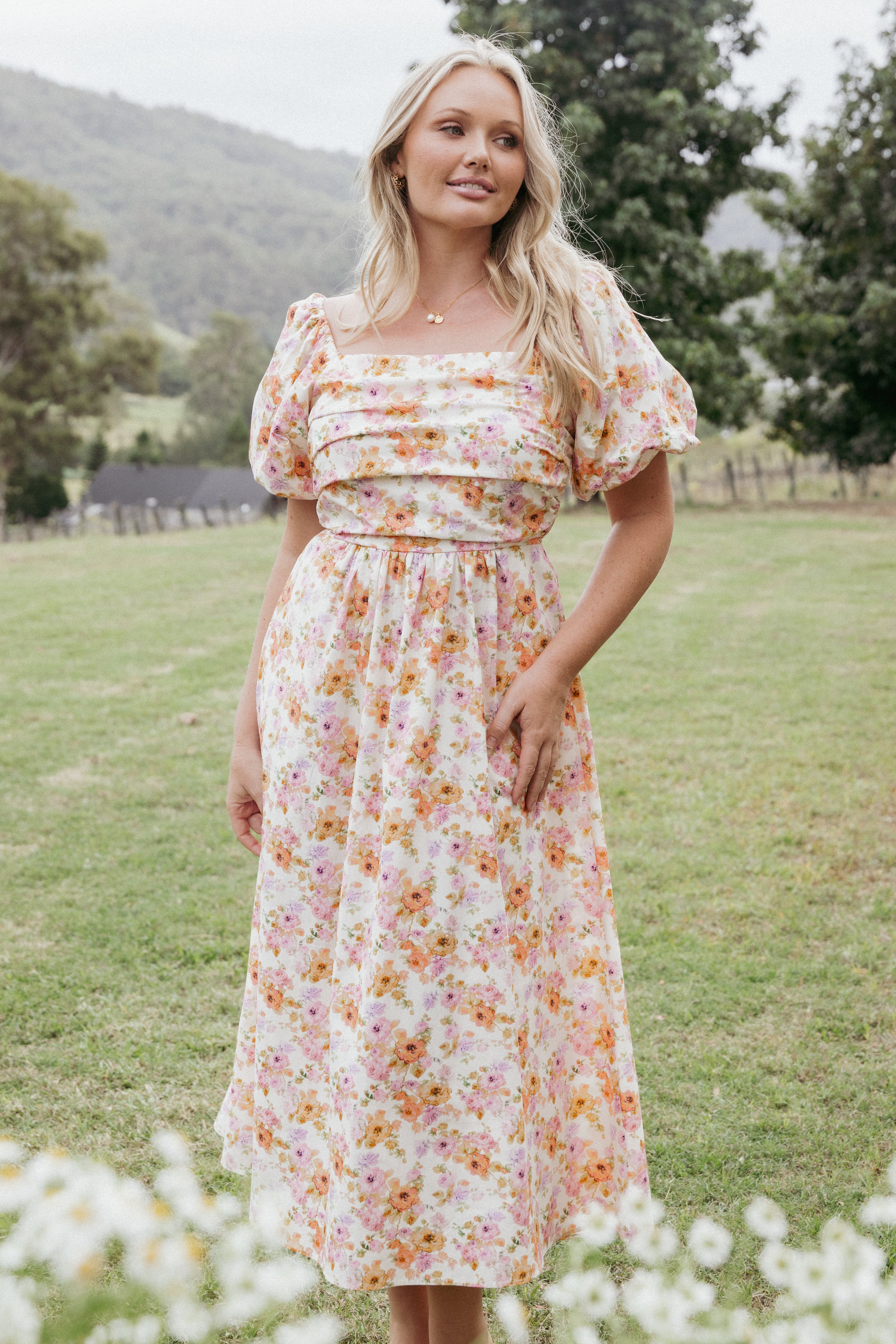 Peach Floral Puff Sleeve Midi Dress with Square Neck & Pockets