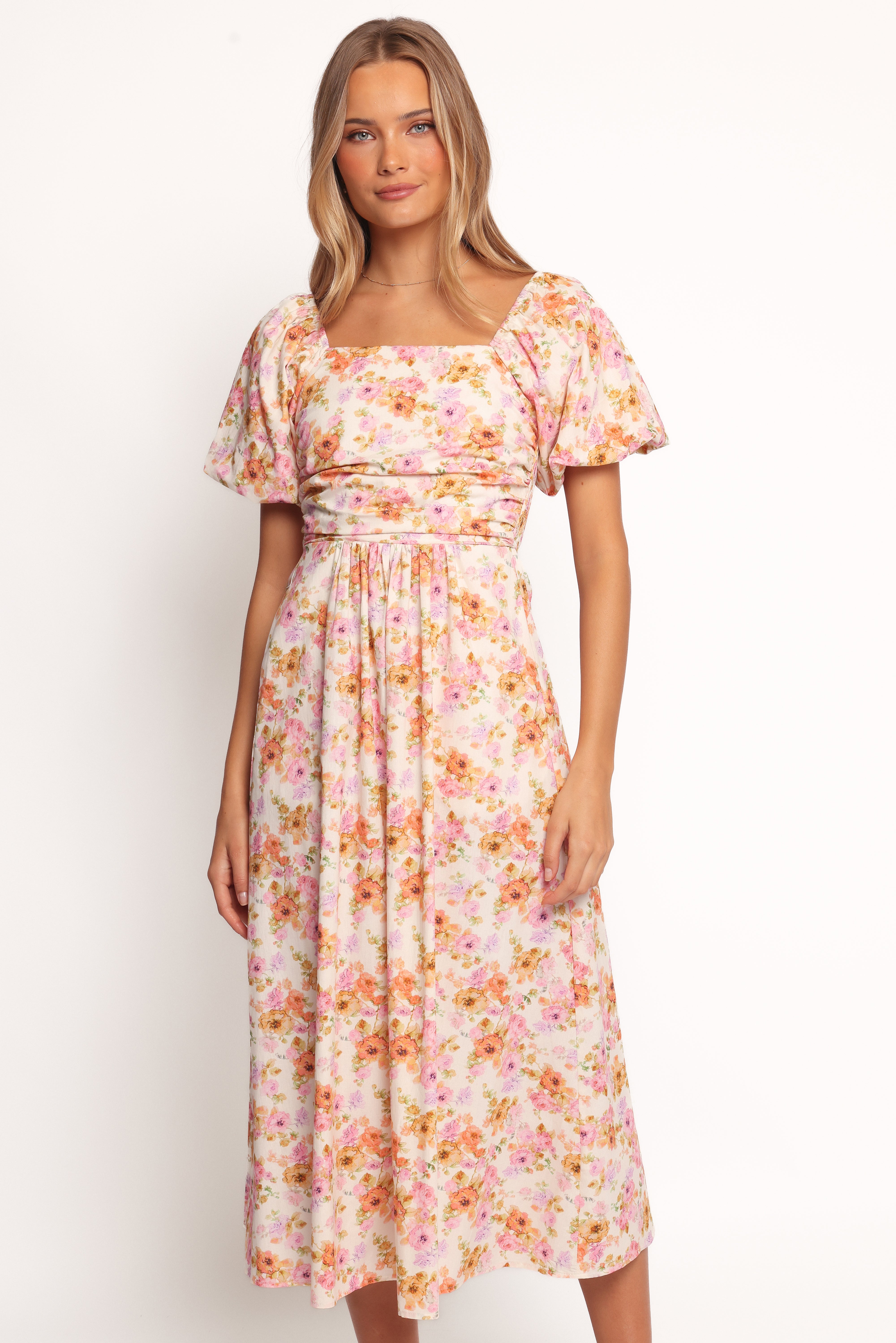 Peach Floral Puff Sleeve Midi Dress with Square Neck & Pockets