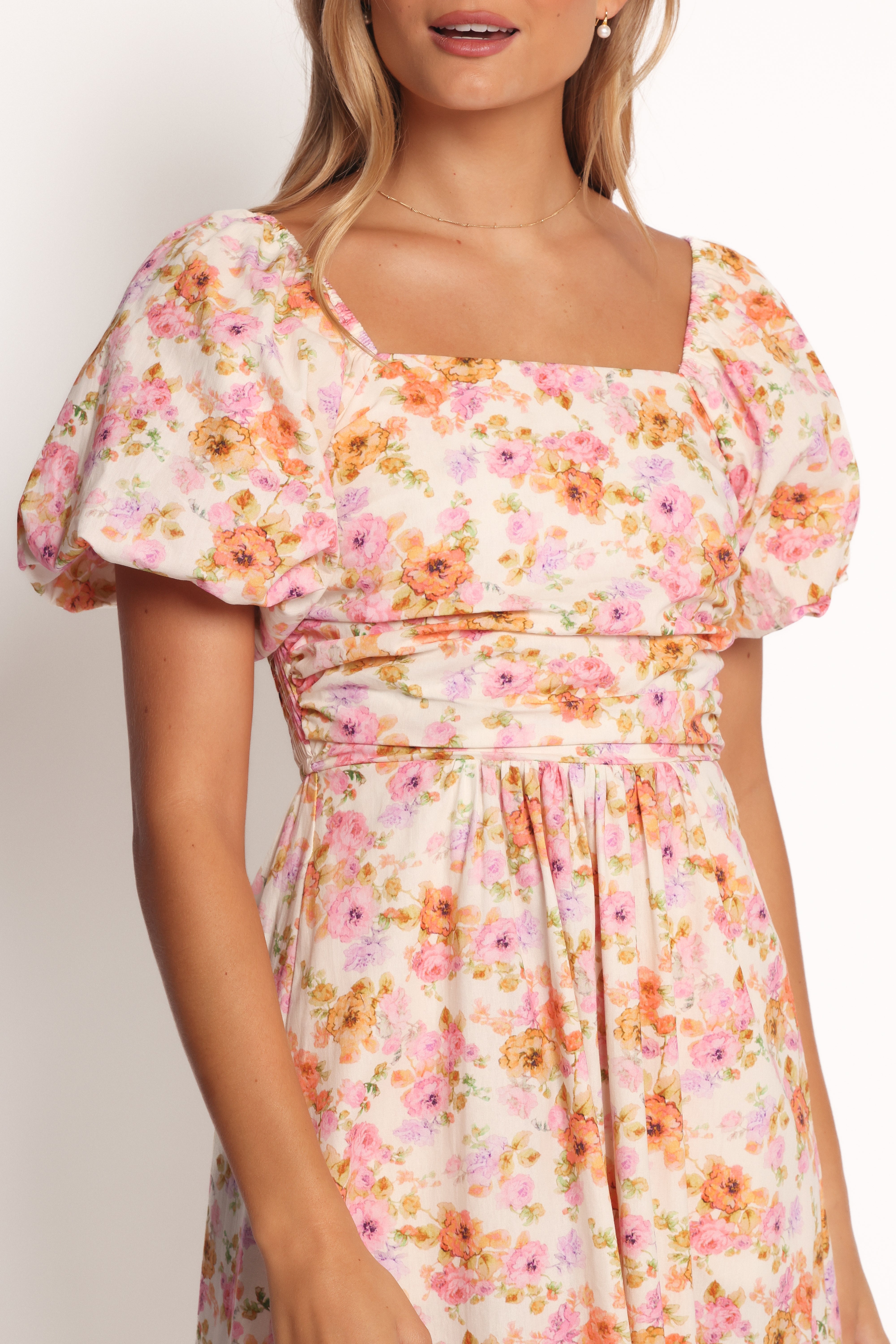 Peach Floral Puff Sleeve Midi Dress with Square Neck & Pockets
