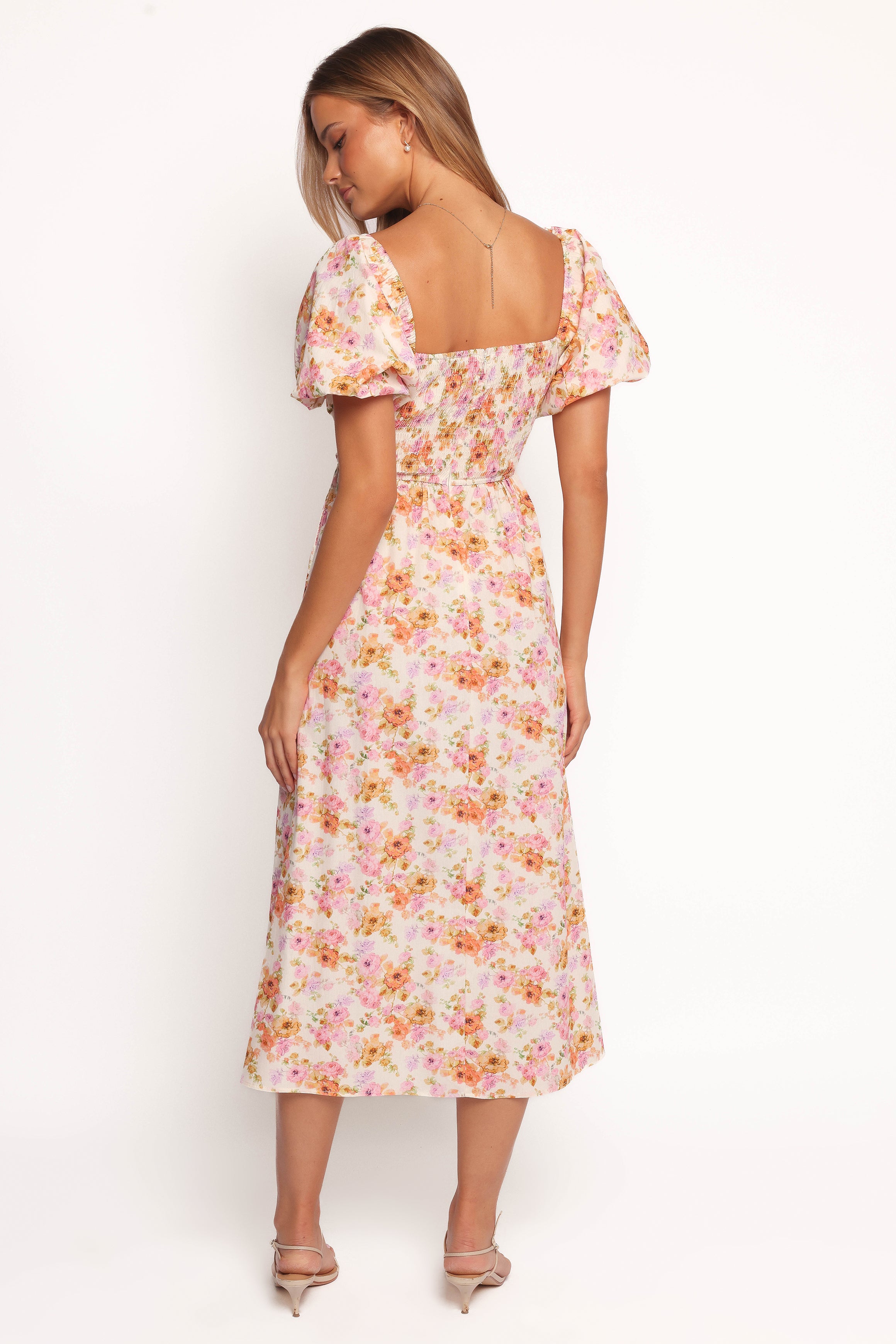Peach Floral Puff Sleeve Midi Dress with Square Neck & Pockets
