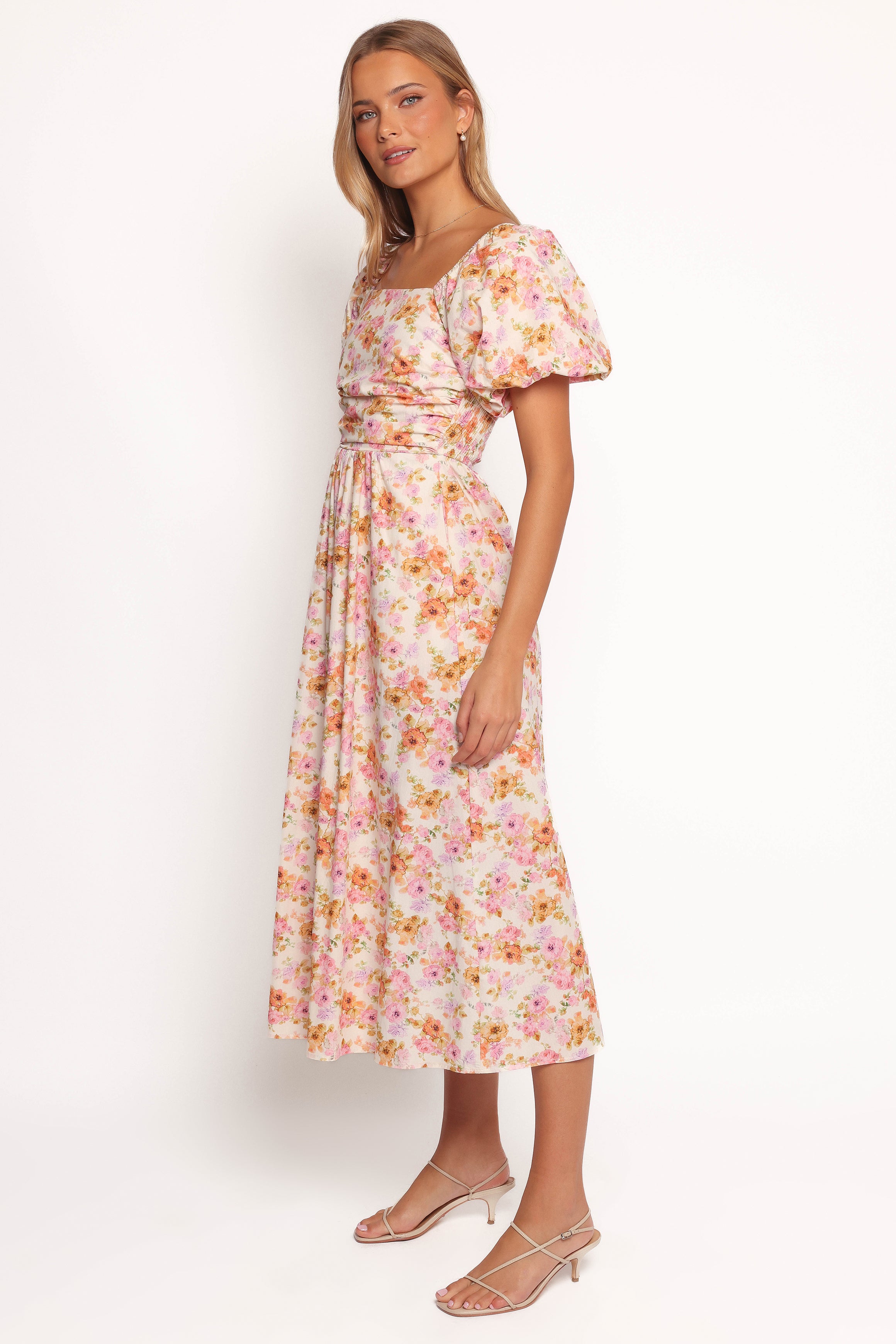 Peach Floral Puff Sleeve Midi Dress with Square Neck & Pockets