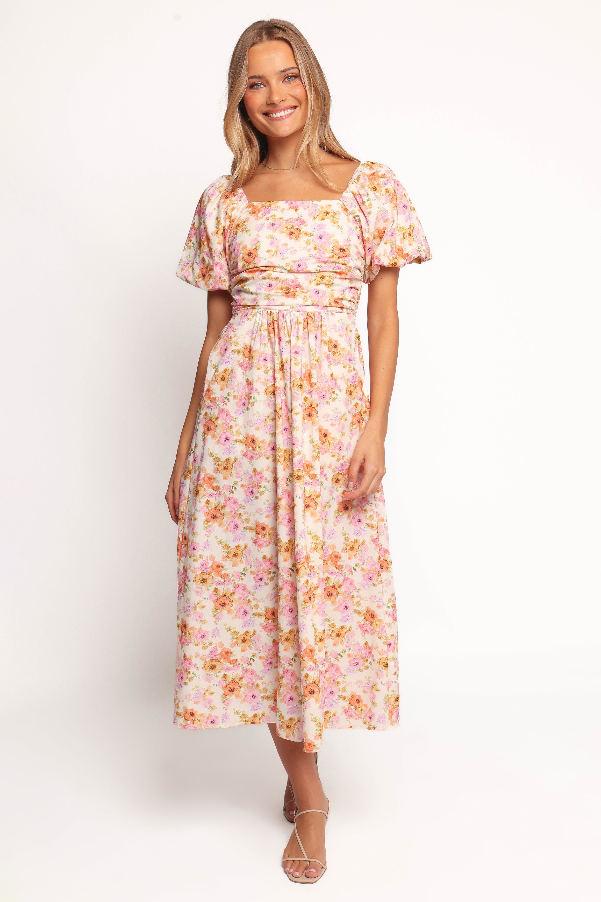 Peach Floral Puff Sleeve Midi Dress with Square Neck & Pockets