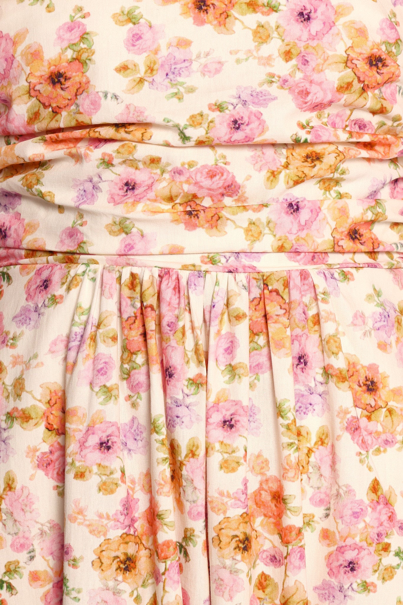 Peach Floral Puff Sleeve Midi Dress with Square Neck & Pockets