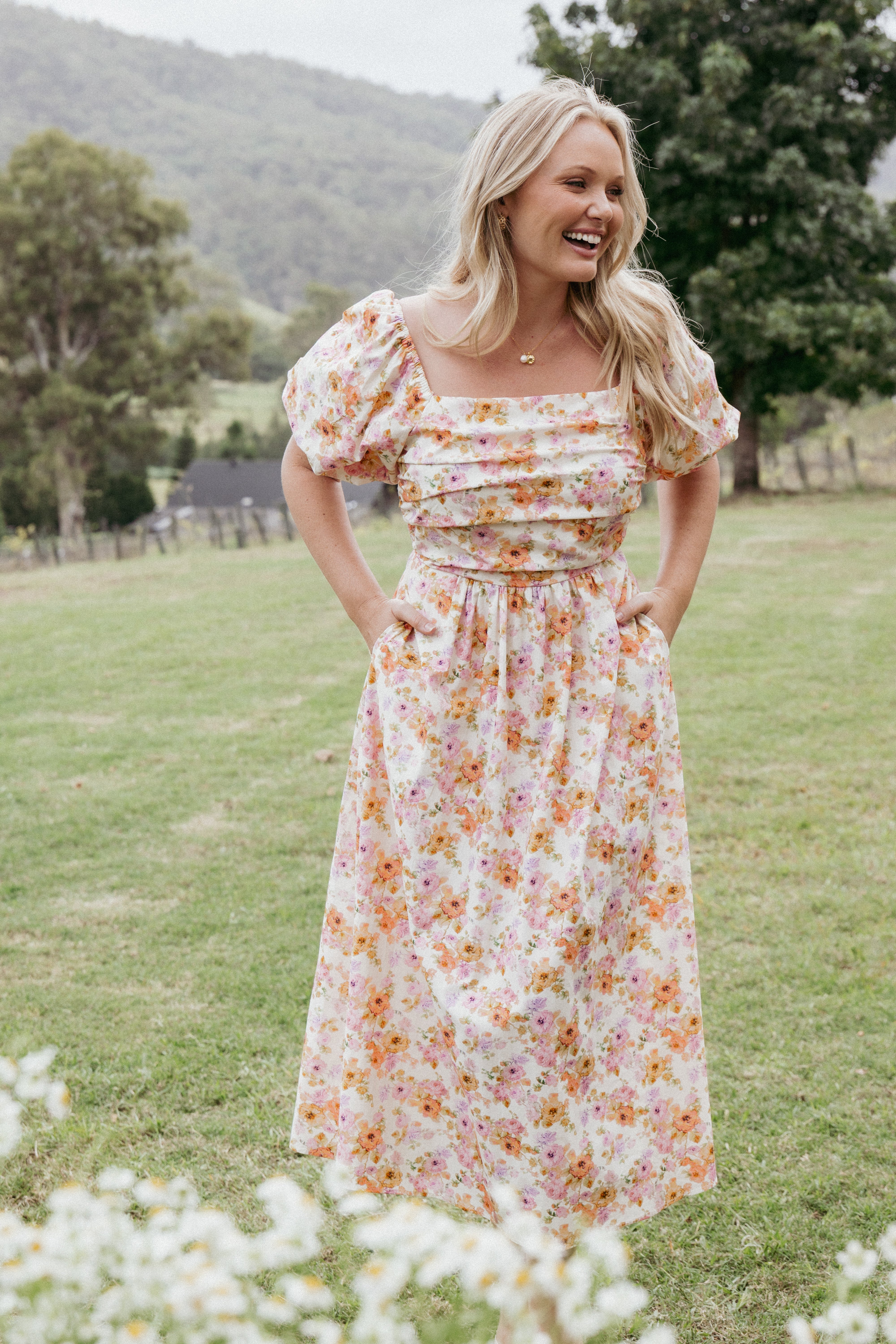 Peach Floral Puff Sleeve Midi Dress with Square Neck & Pockets