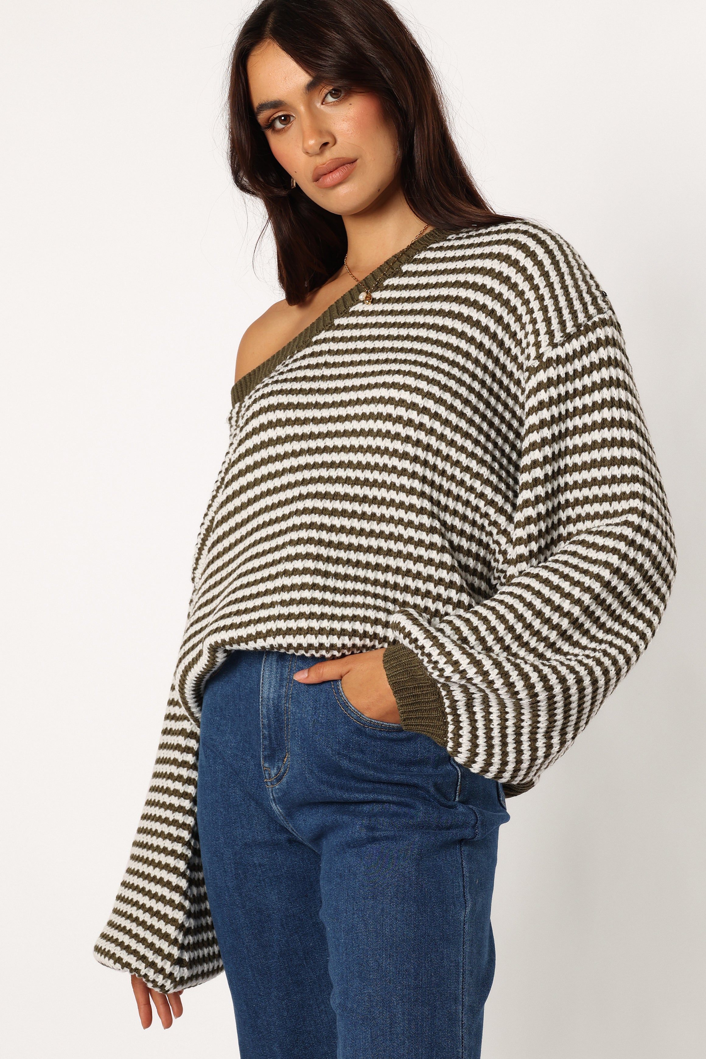 Becca Olive Stripe Waffle Knit Sweater - Crewneck Pullover