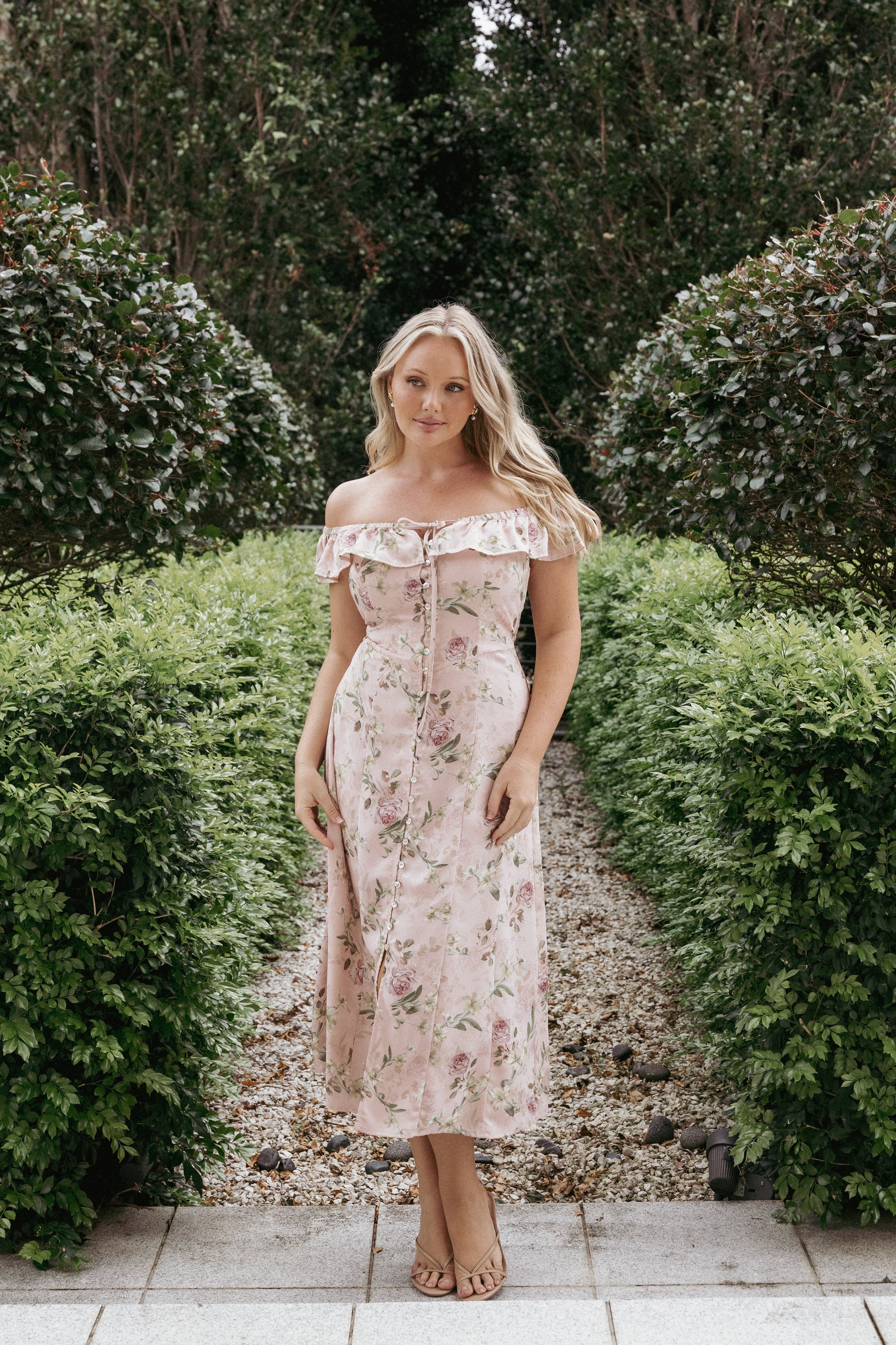 Lauryn Floral Off-Shoulder Midi Dress with Ruffles - Blush Rose