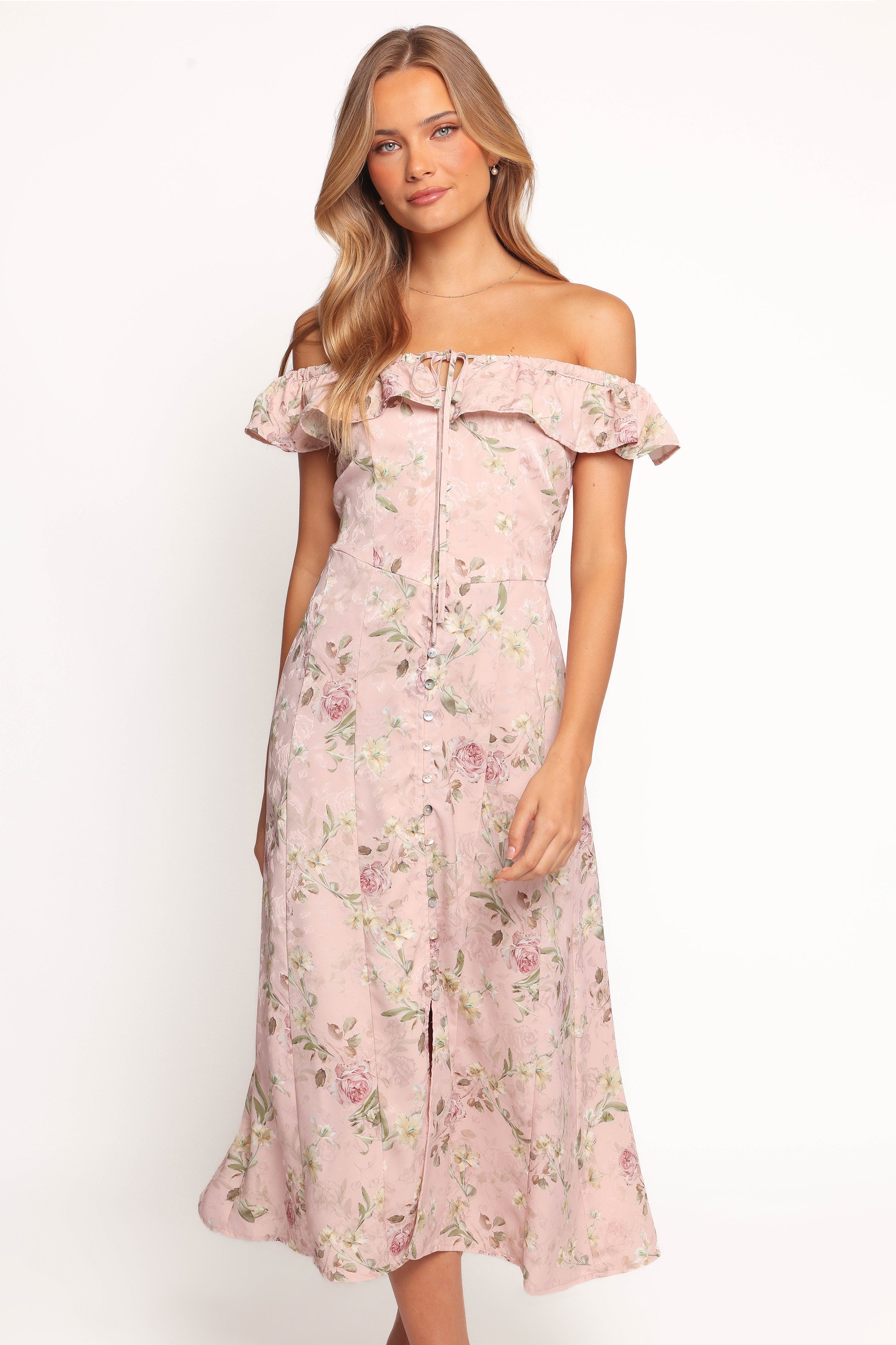 Lauryn Floral Off-Shoulder Midi Dress with Ruffles - Blush Rose
