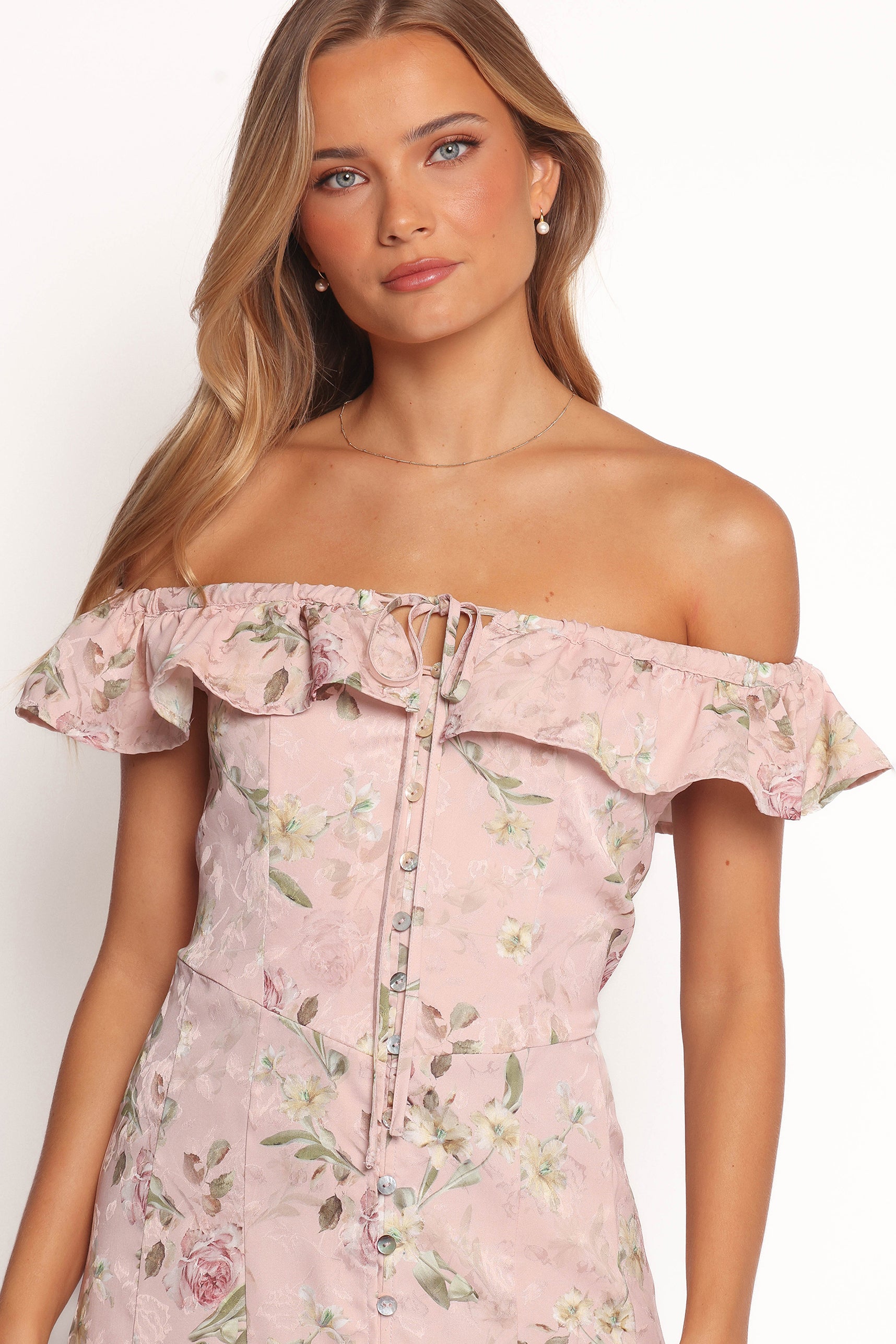 Lauryn Floral Off-Shoulder Midi Dress with Ruffles - Blush Rose