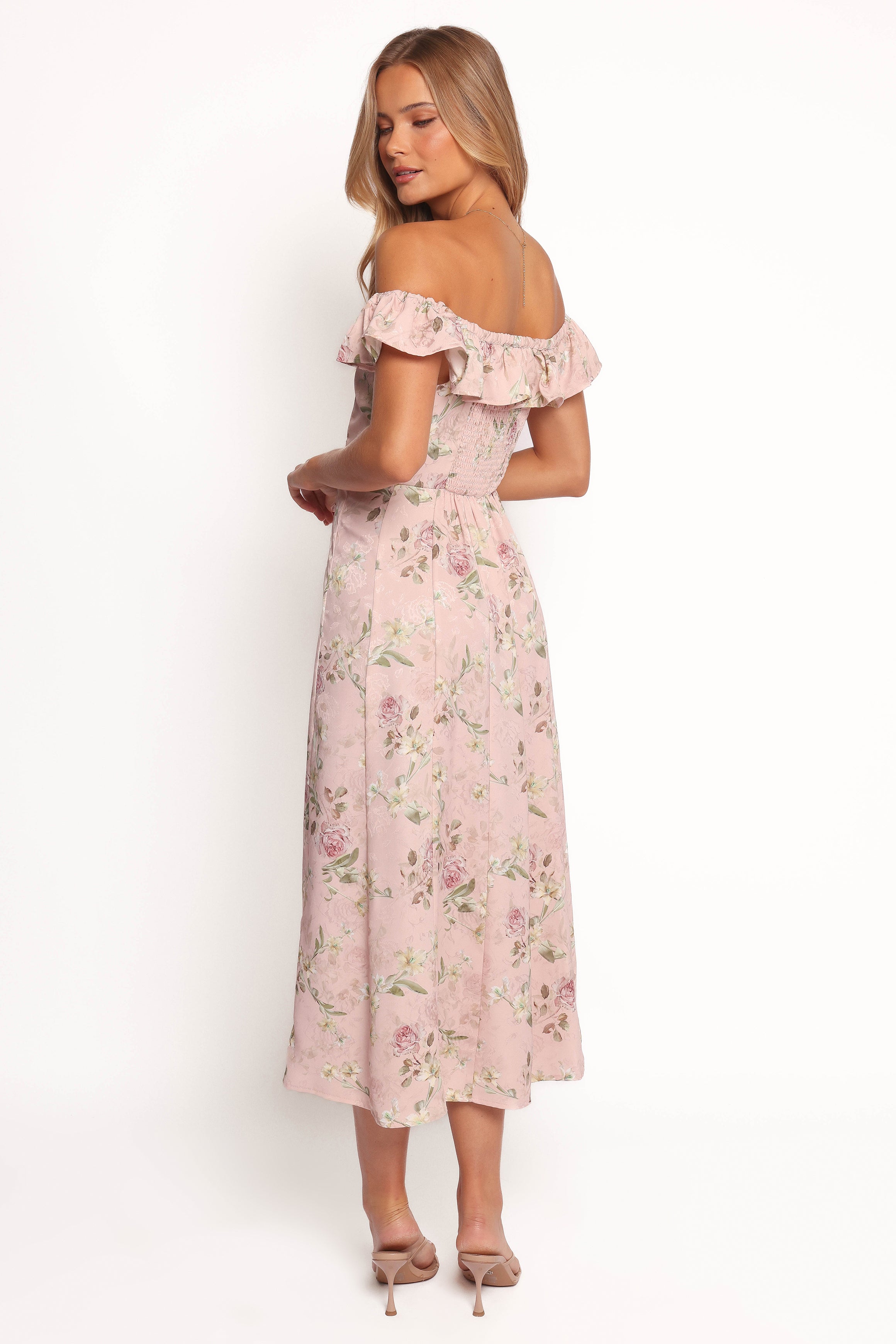 Lauryn Floral Off-Shoulder Midi Dress with Ruffles - Blush Rose