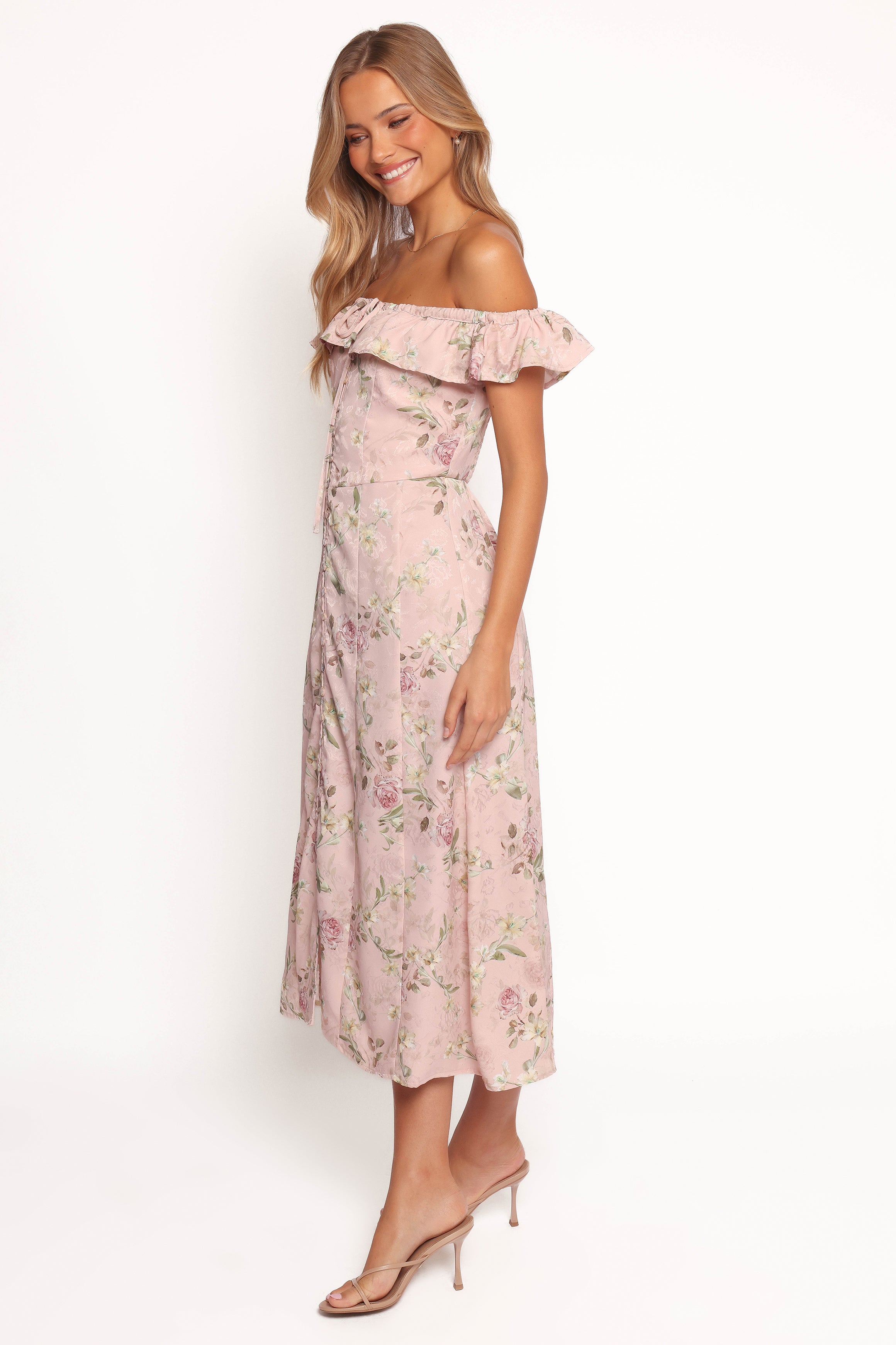 Lauryn Floral Off-Shoulder Midi Dress with Ruffles - Blush Rose