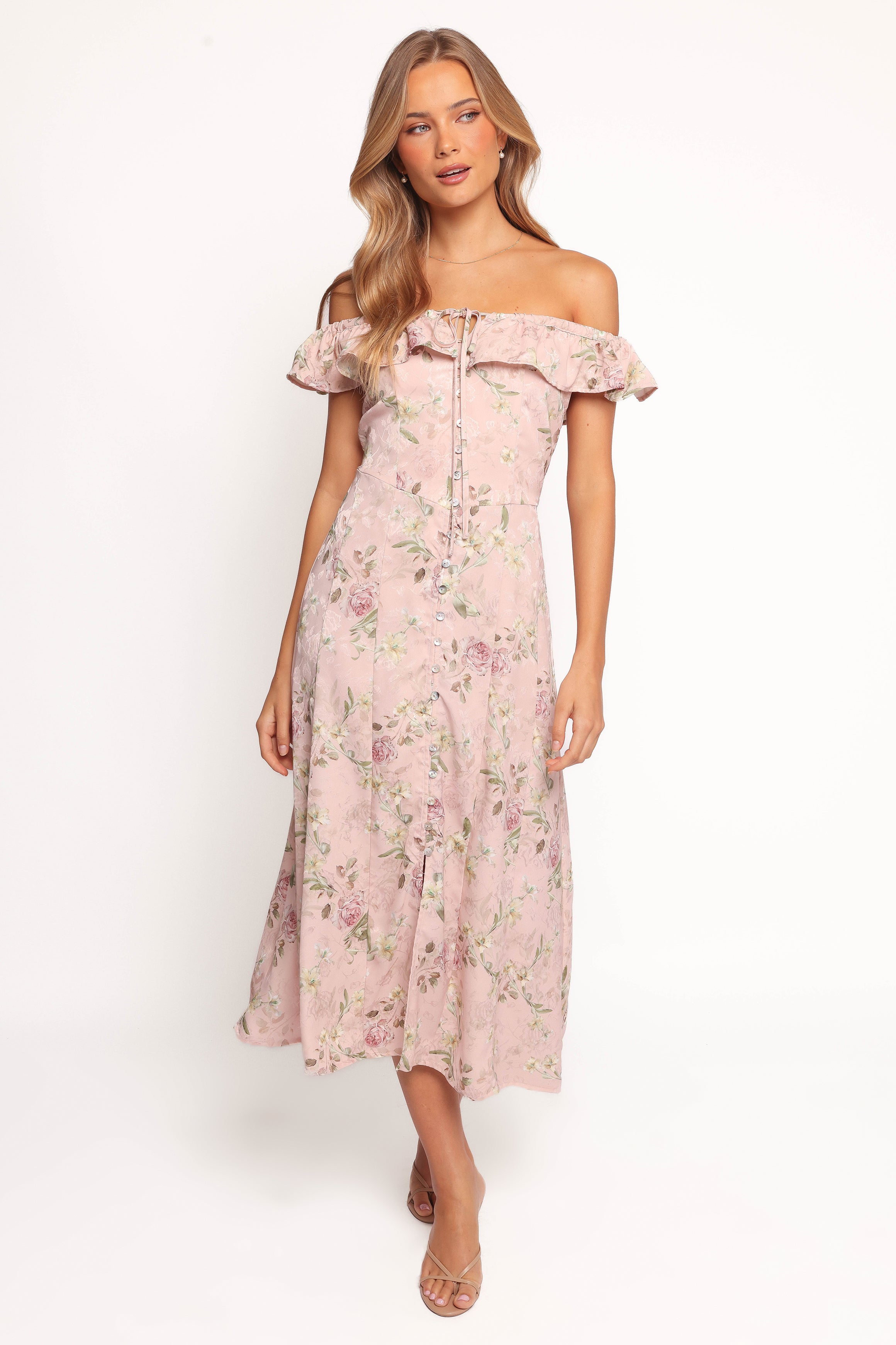 Lauryn Floral Off-Shoulder Midi Dress with Ruffles - Blush Rose