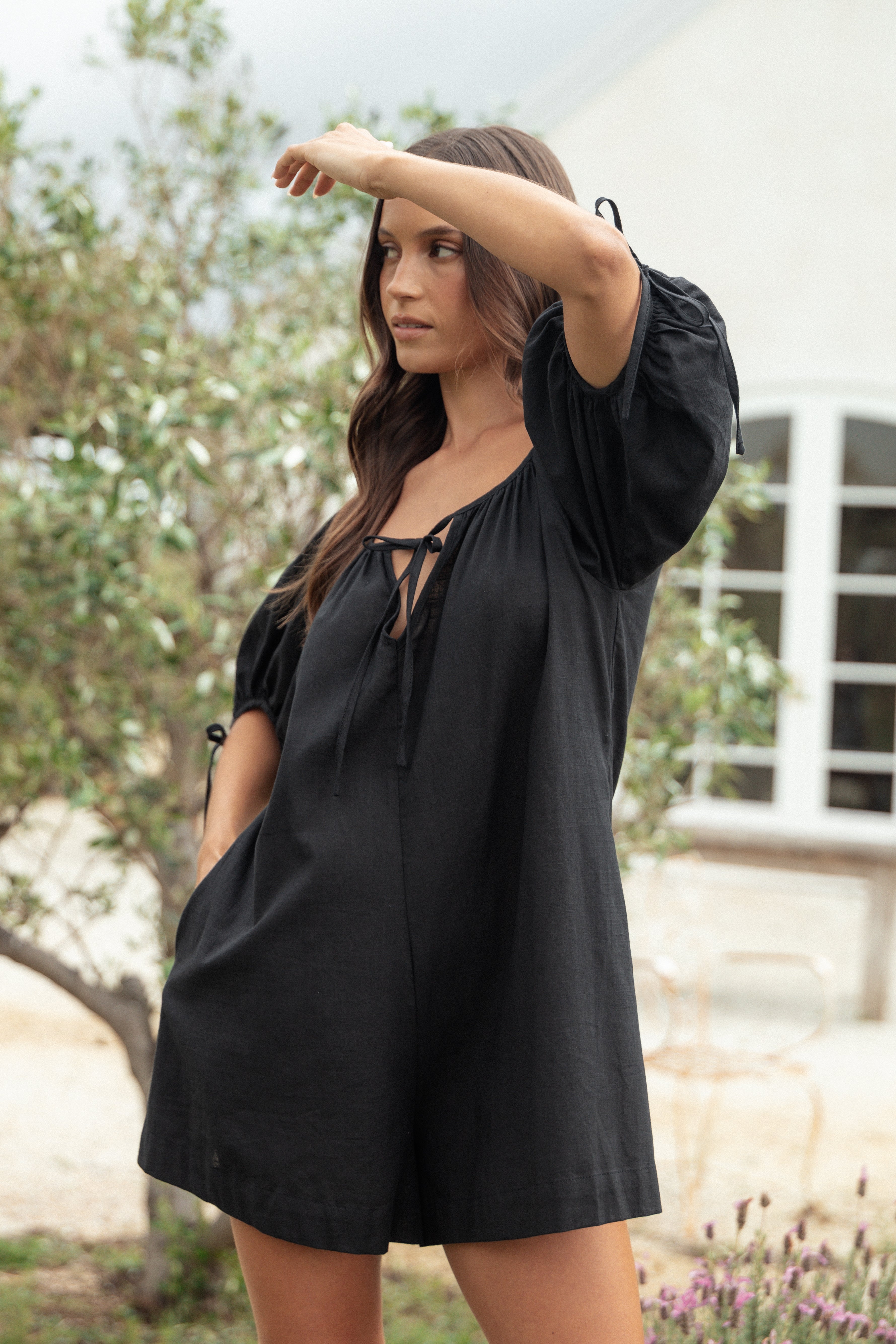Women's Black Cotton Romper with V-Neck & Side Pockets