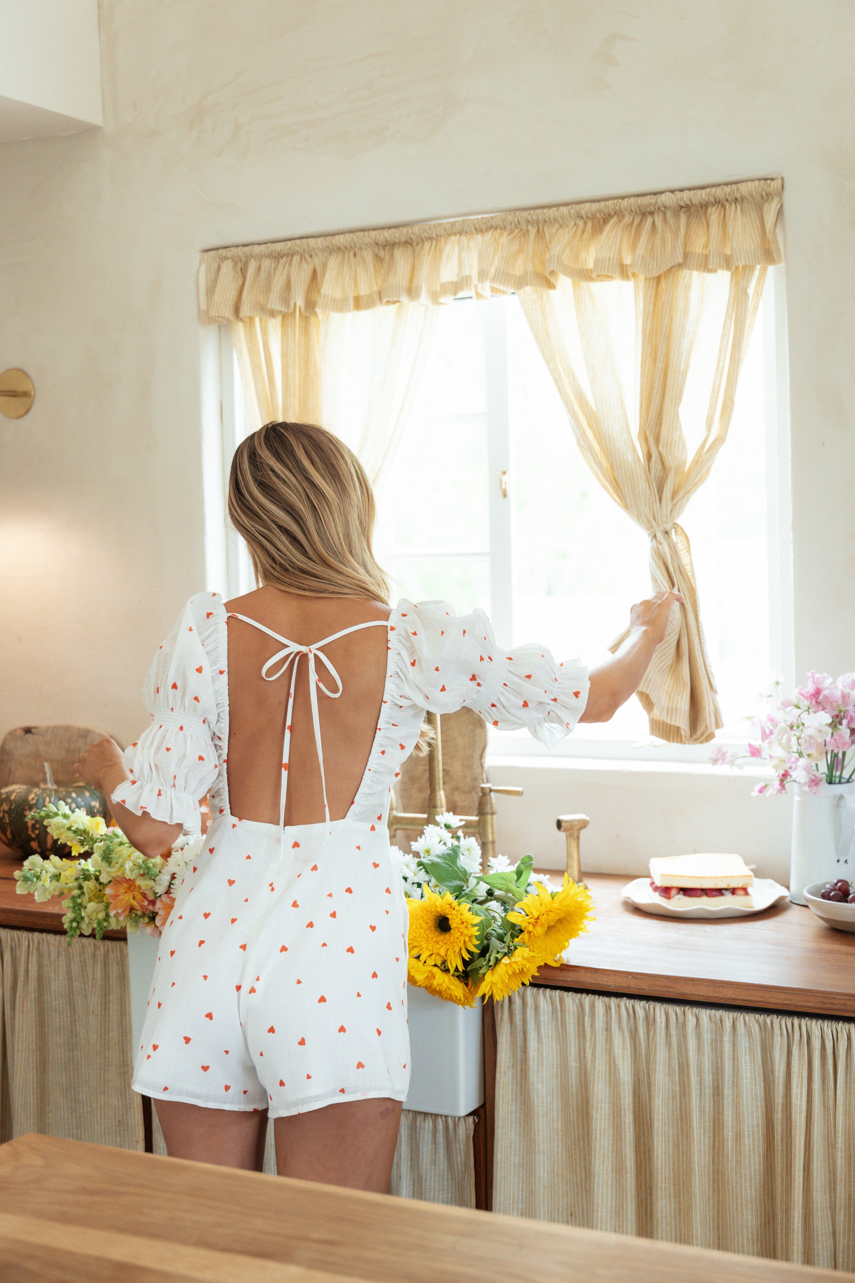 Women's Heart Print Romper with Pockets & Open Back - Emerson
