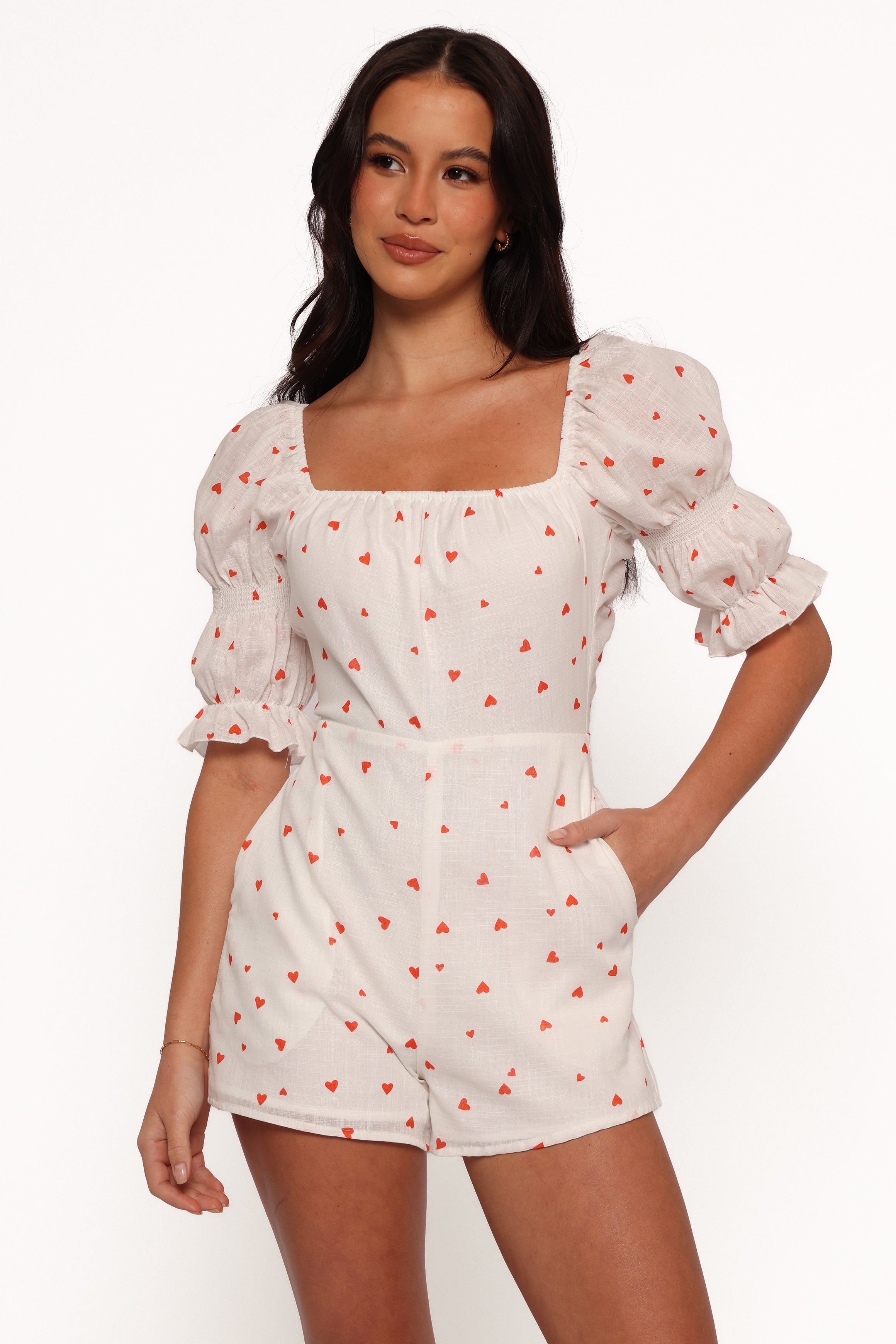 Women's Heart Print Romper with Pockets & Open Back - Emerson