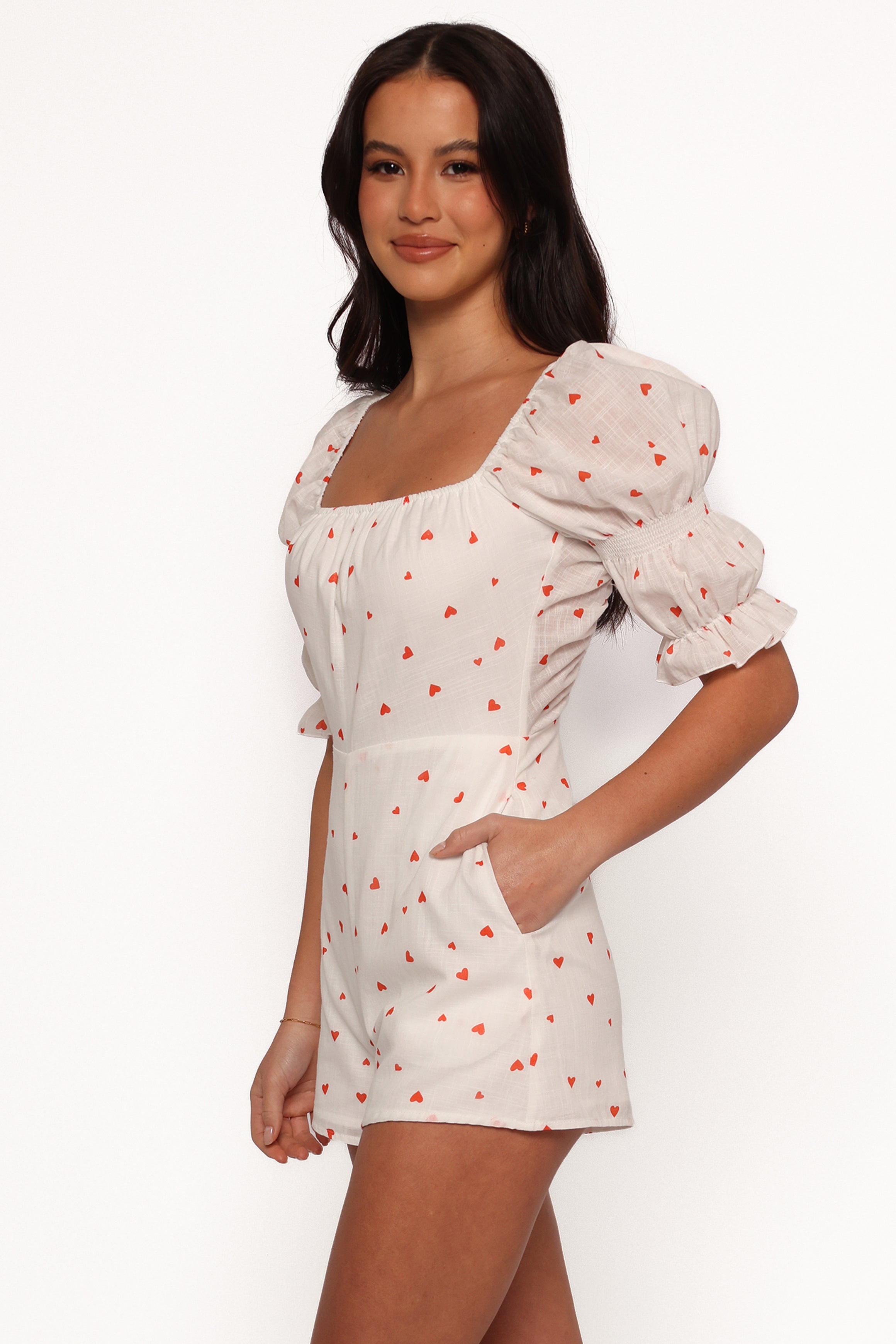 Women's Heart Print Romper with Pockets & Open Back - Emerson