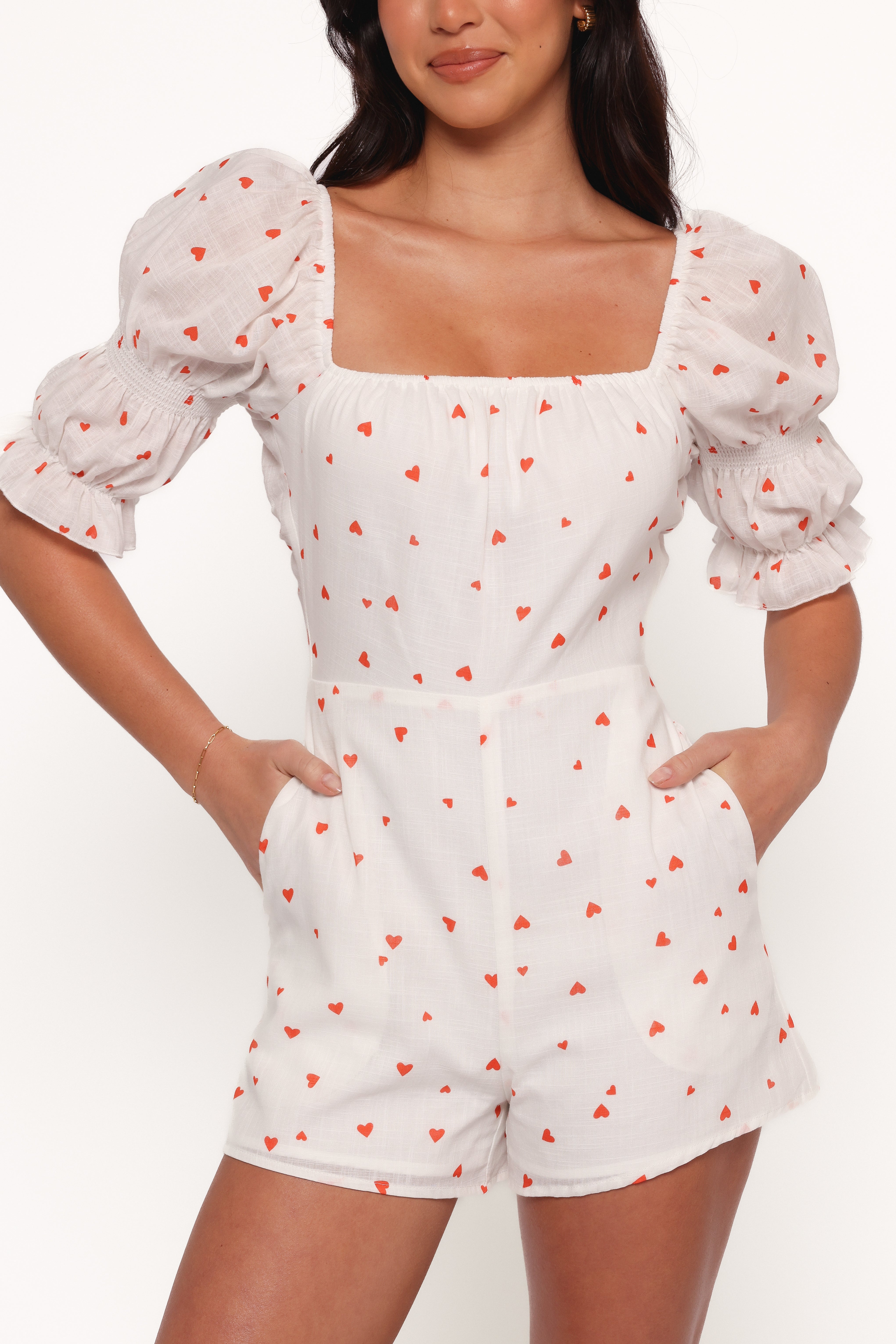 Women's Heart Print Romper with Pockets & Open Back - Emerson