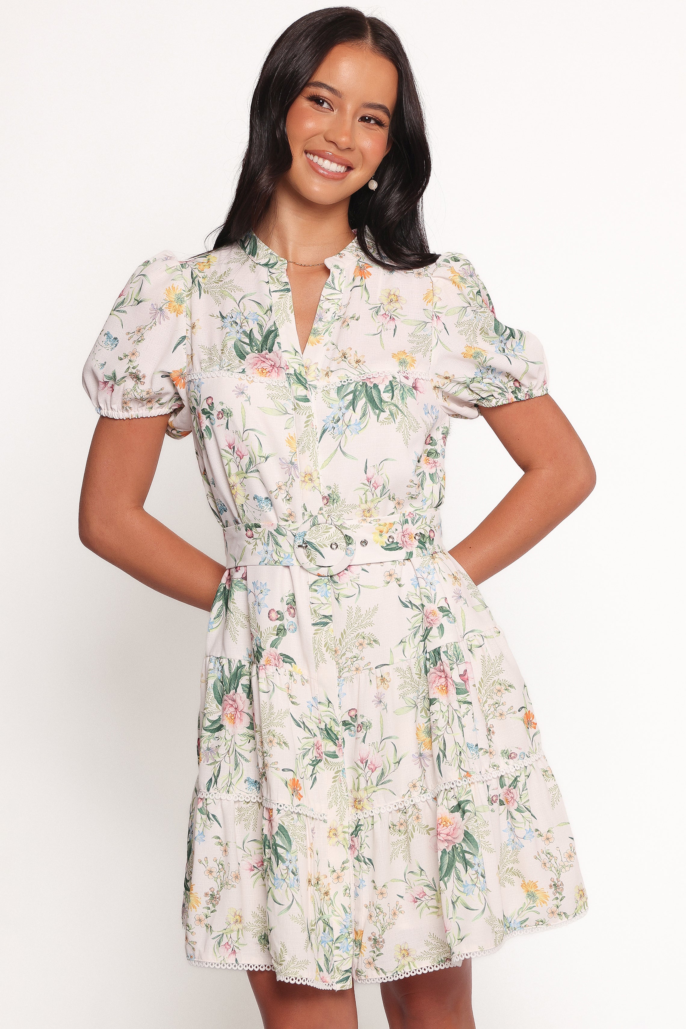 Floral Mini Dress with Belt - Paula Linen Blend V-Neck