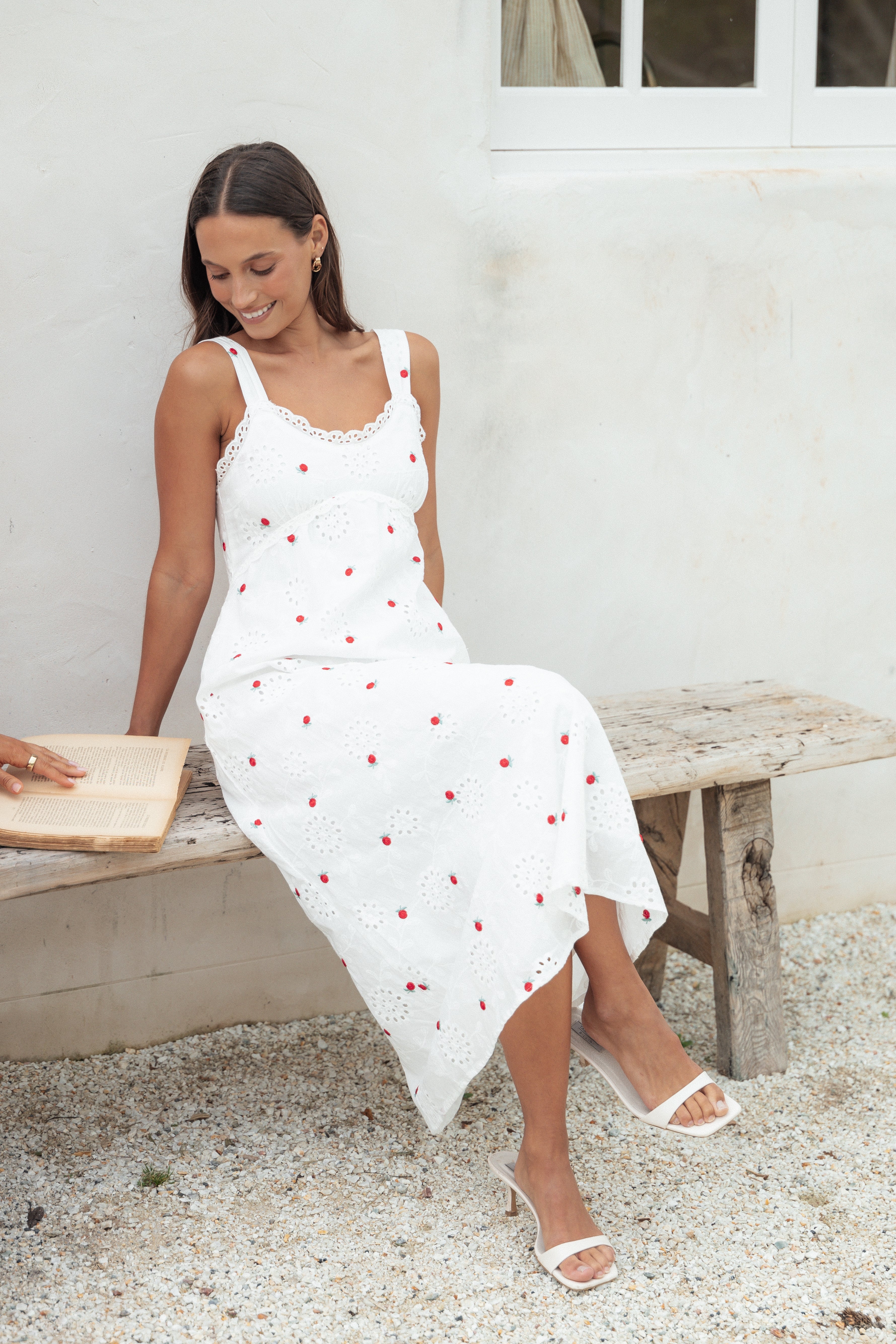 Salli Cotton Midi Dress with Floral Embroidery - White & Red