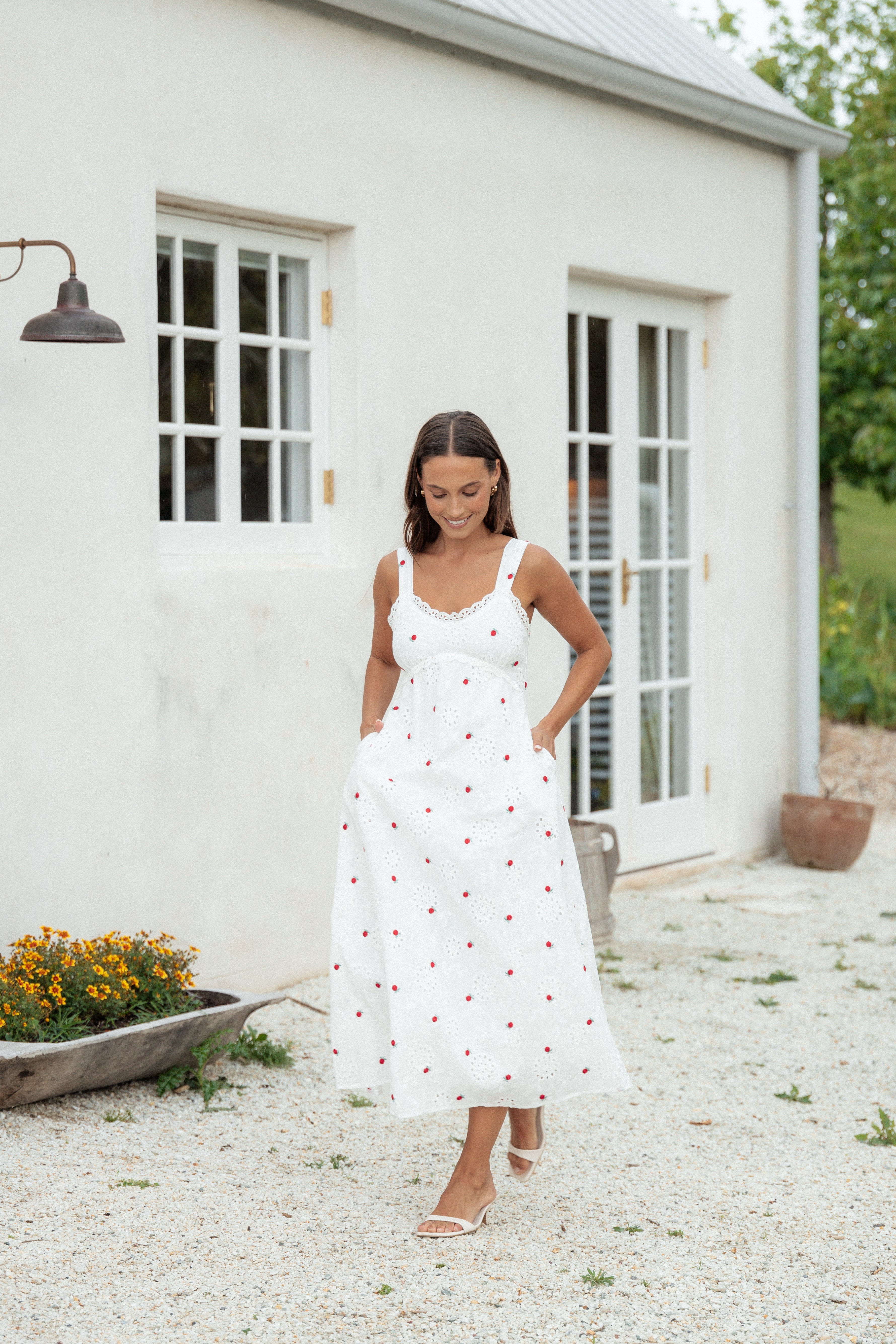 Salli Cotton Midi Dress with Floral Embroidery - White & Red