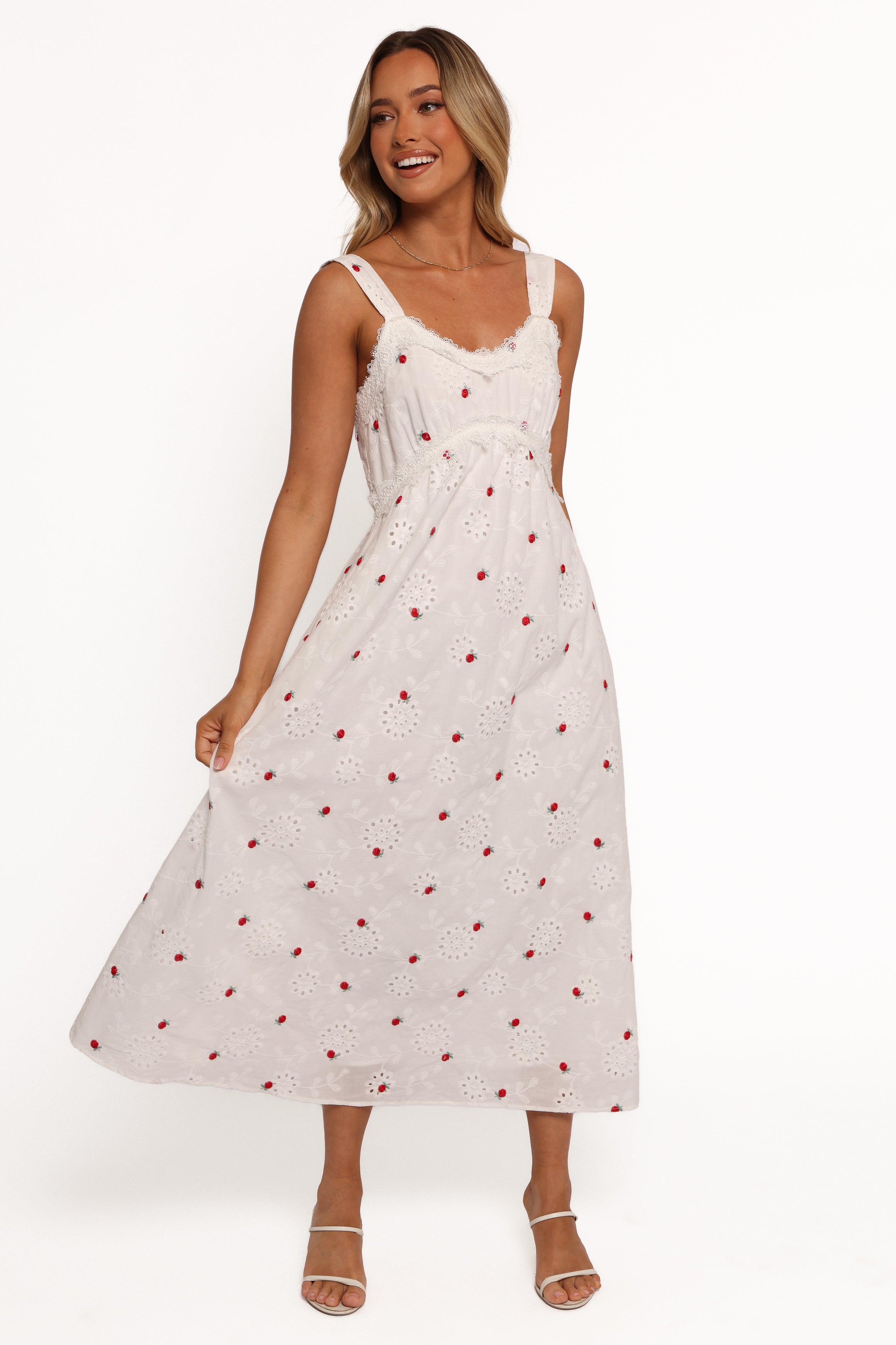 Salli Cotton Midi Dress with Floral Embroidery - White & Red