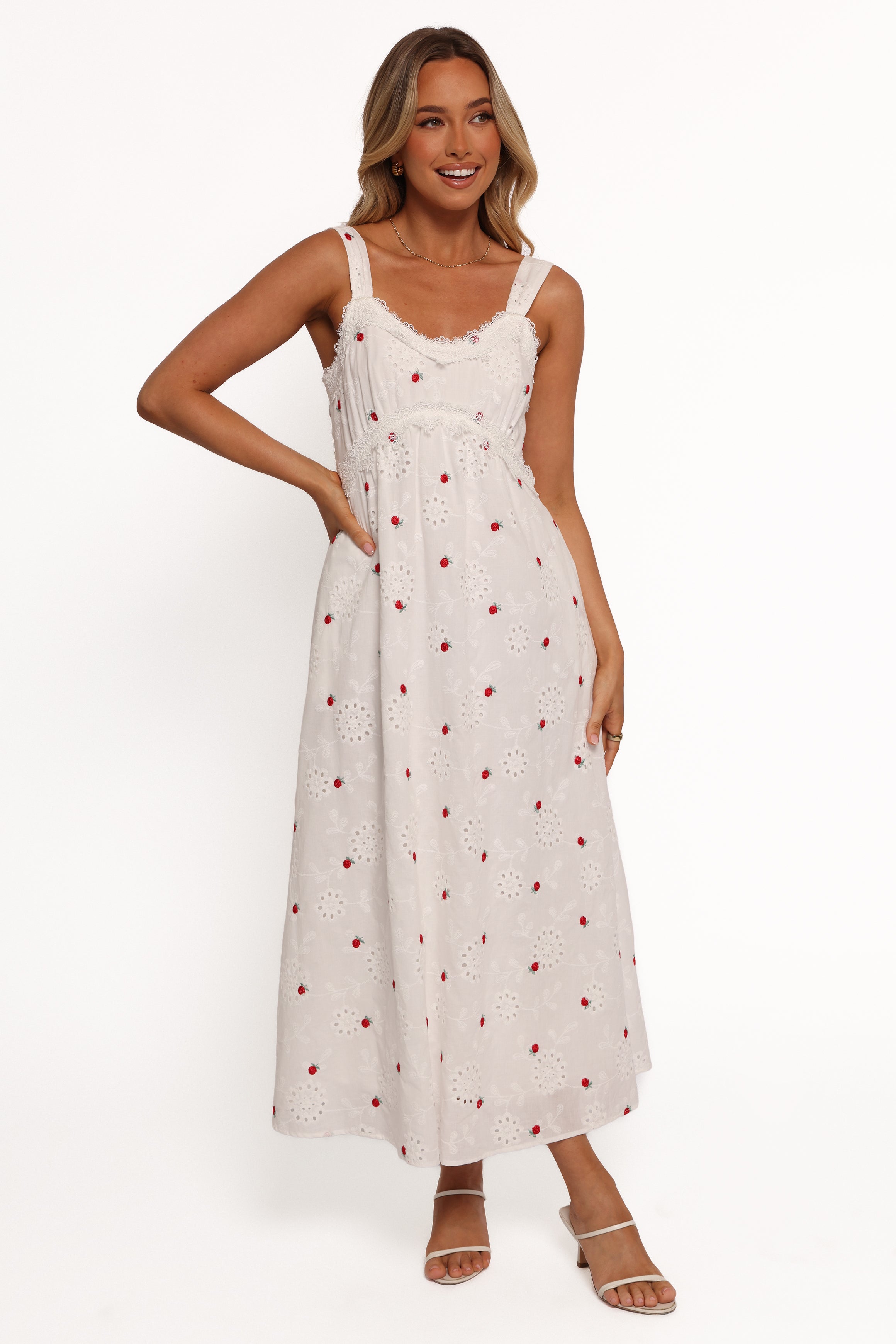 Salli Cotton Midi Dress with Floral Embroidery - White & Red