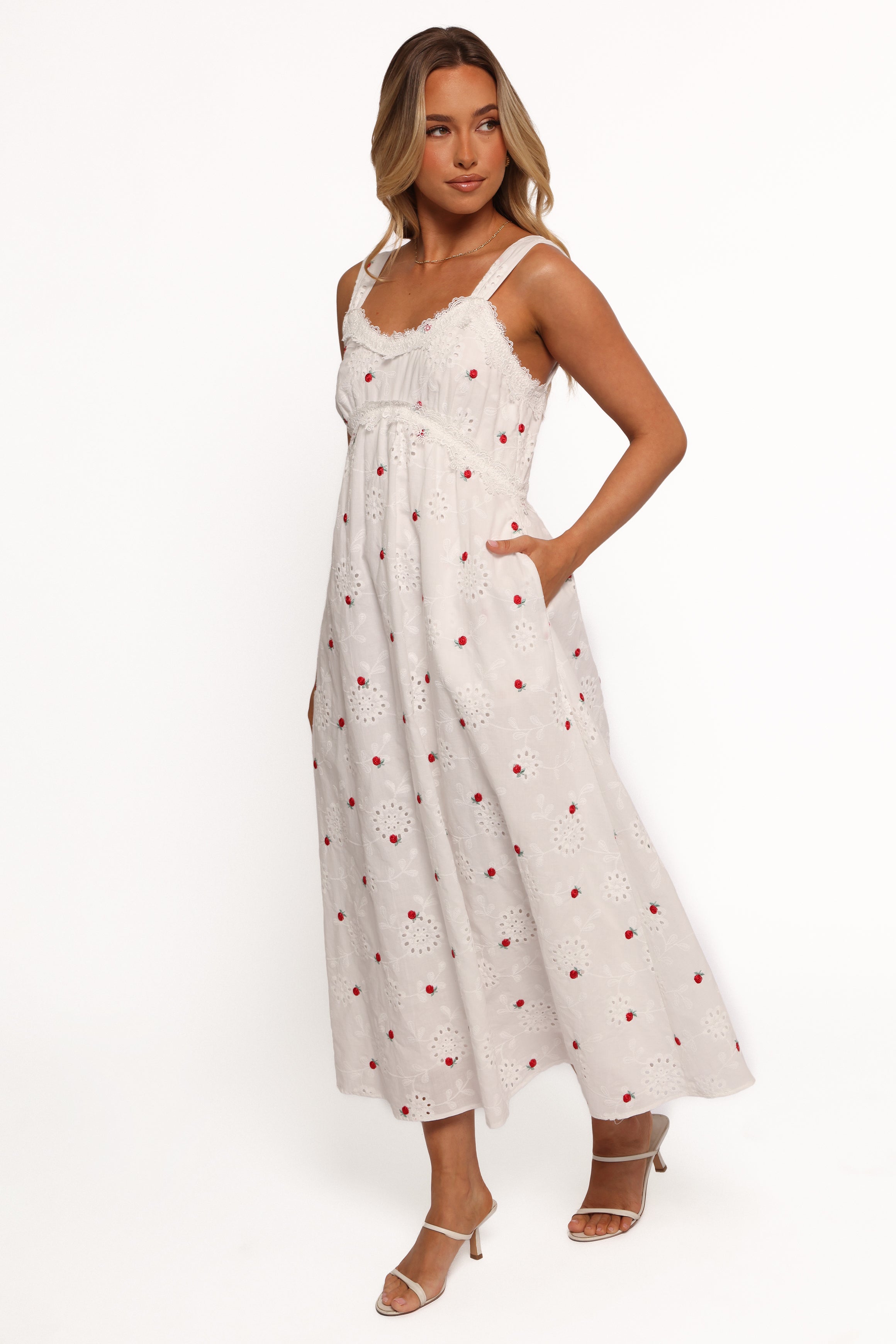 Salli Cotton Midi Dress with Floral Embroidery - White & Red
