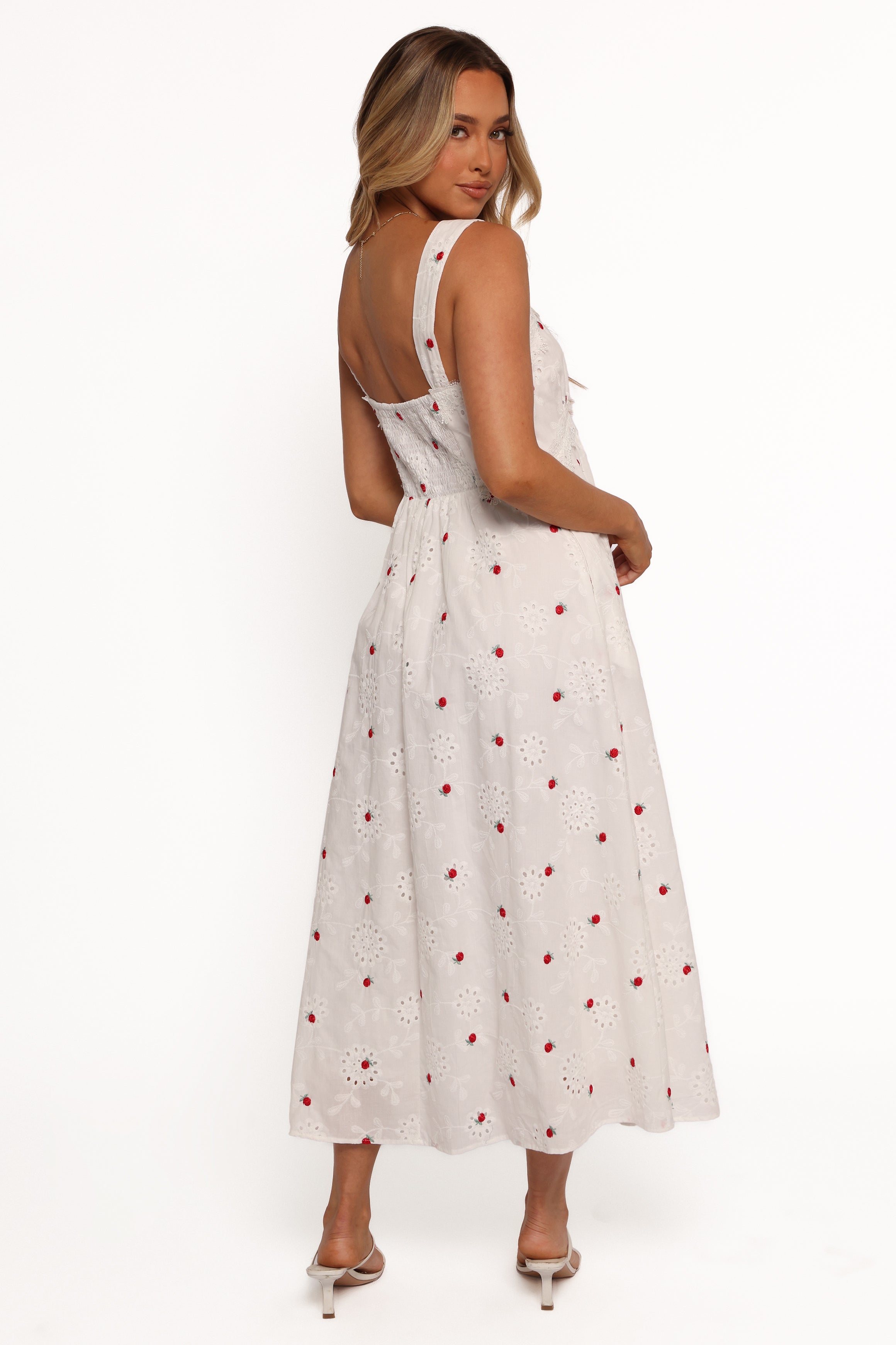 Salli Cotton Midi Dress with Floral Embroidery - White & Red