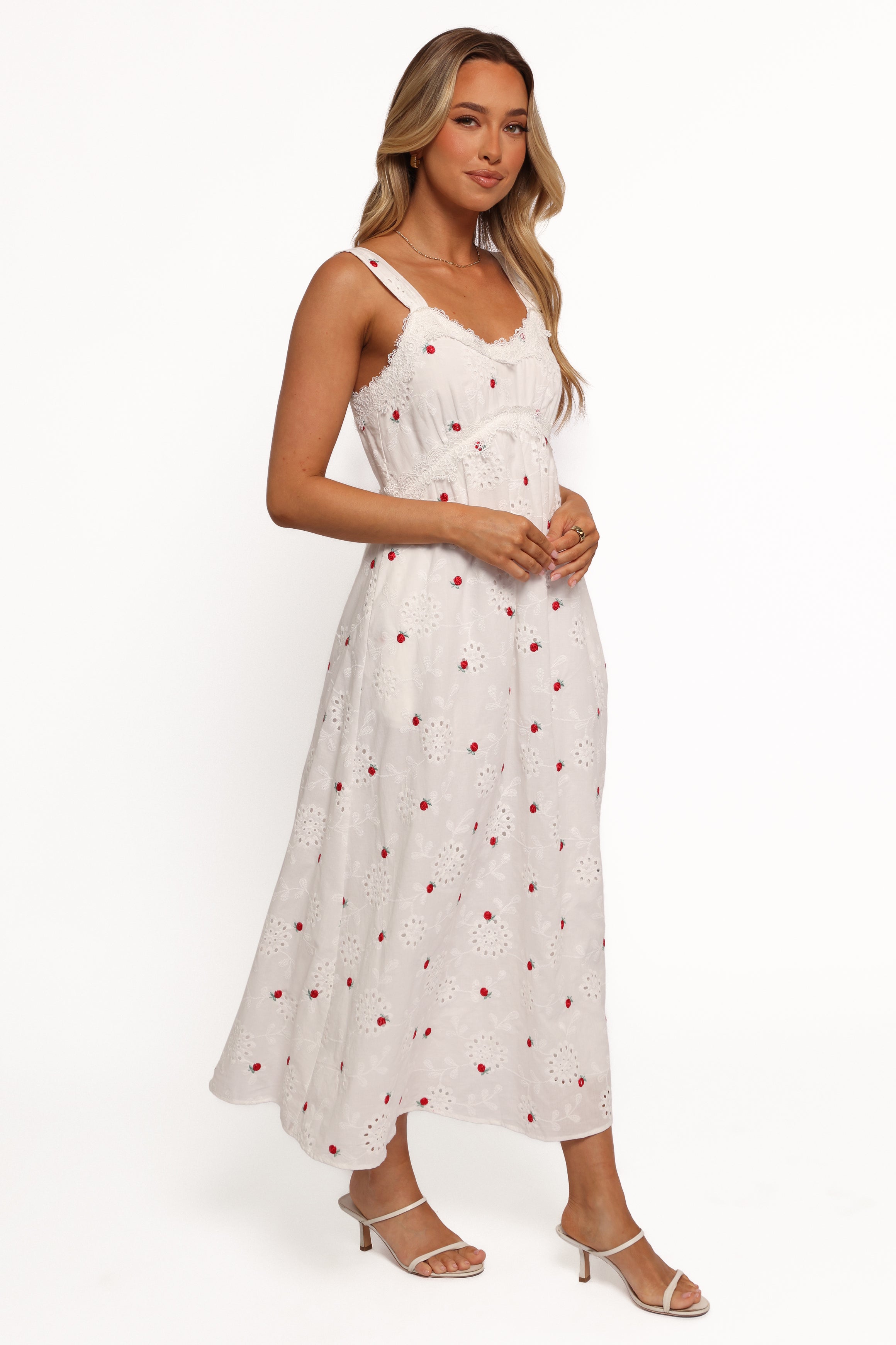 Salli Cotton Midi Dress with Floral Embroidery - White & Red