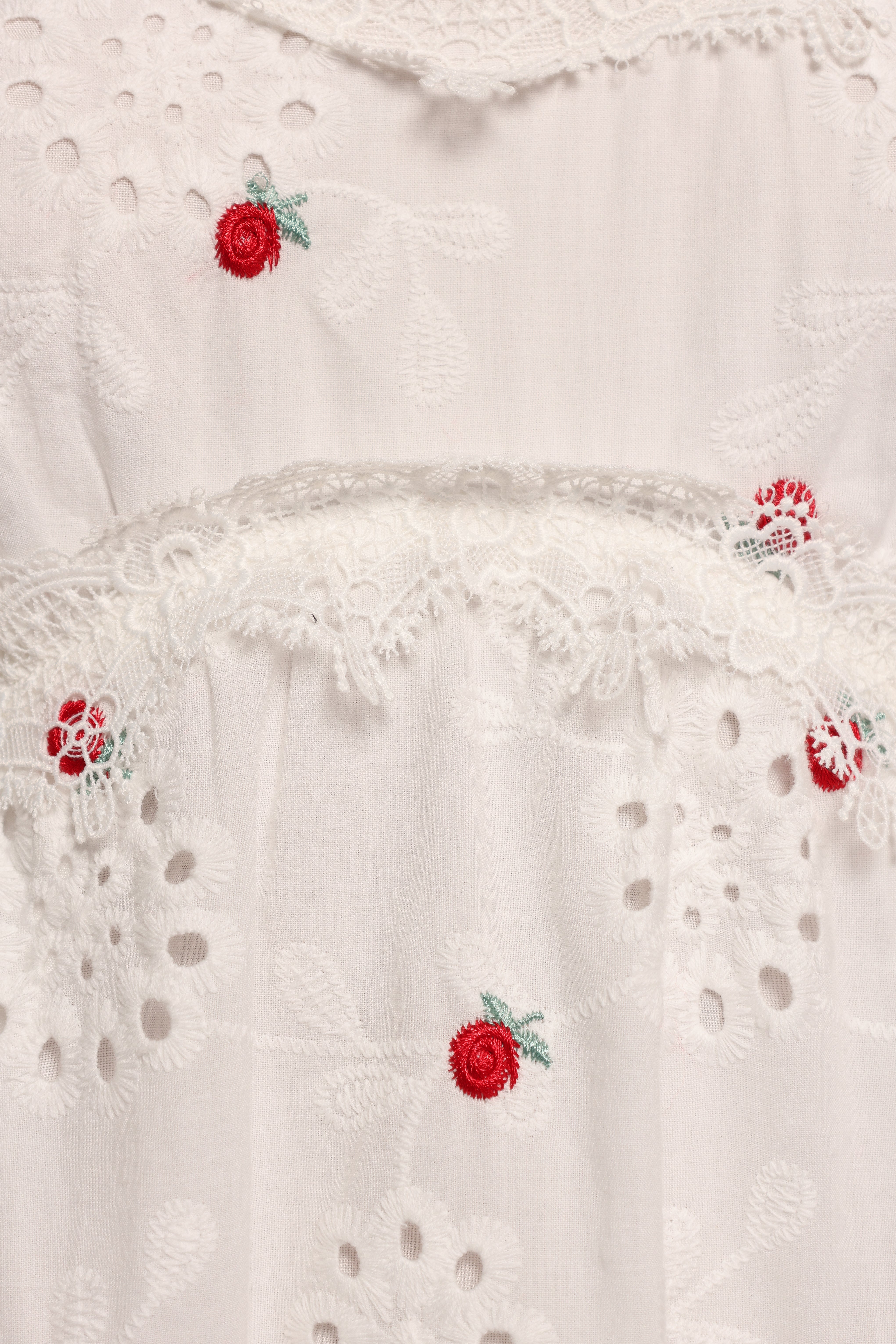 Salli Cotton Midi Dress with Floral Embroidery - White & Red
