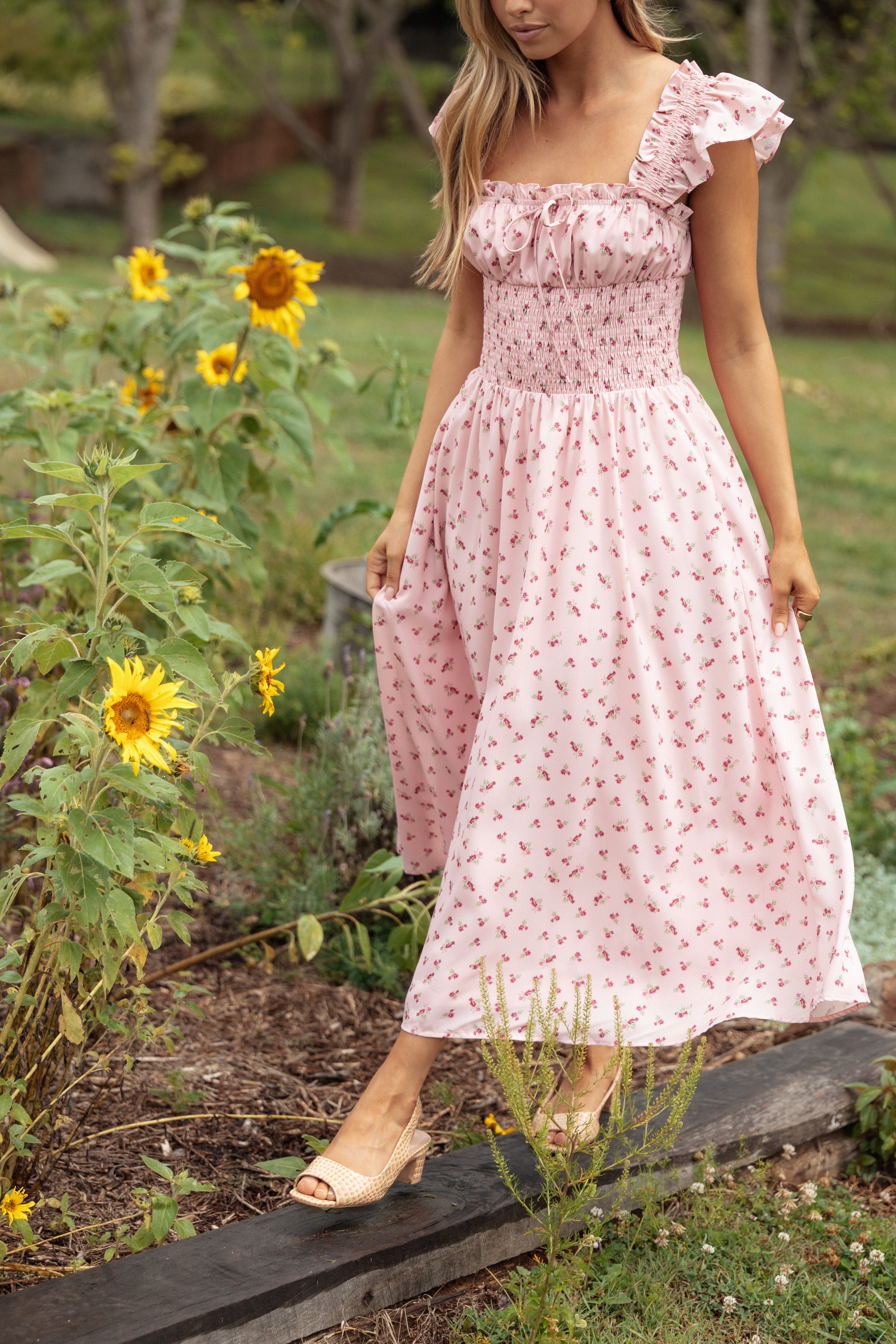 Floral Midi Dress with Bow Tie & Pockets - Bronte Pink Dress